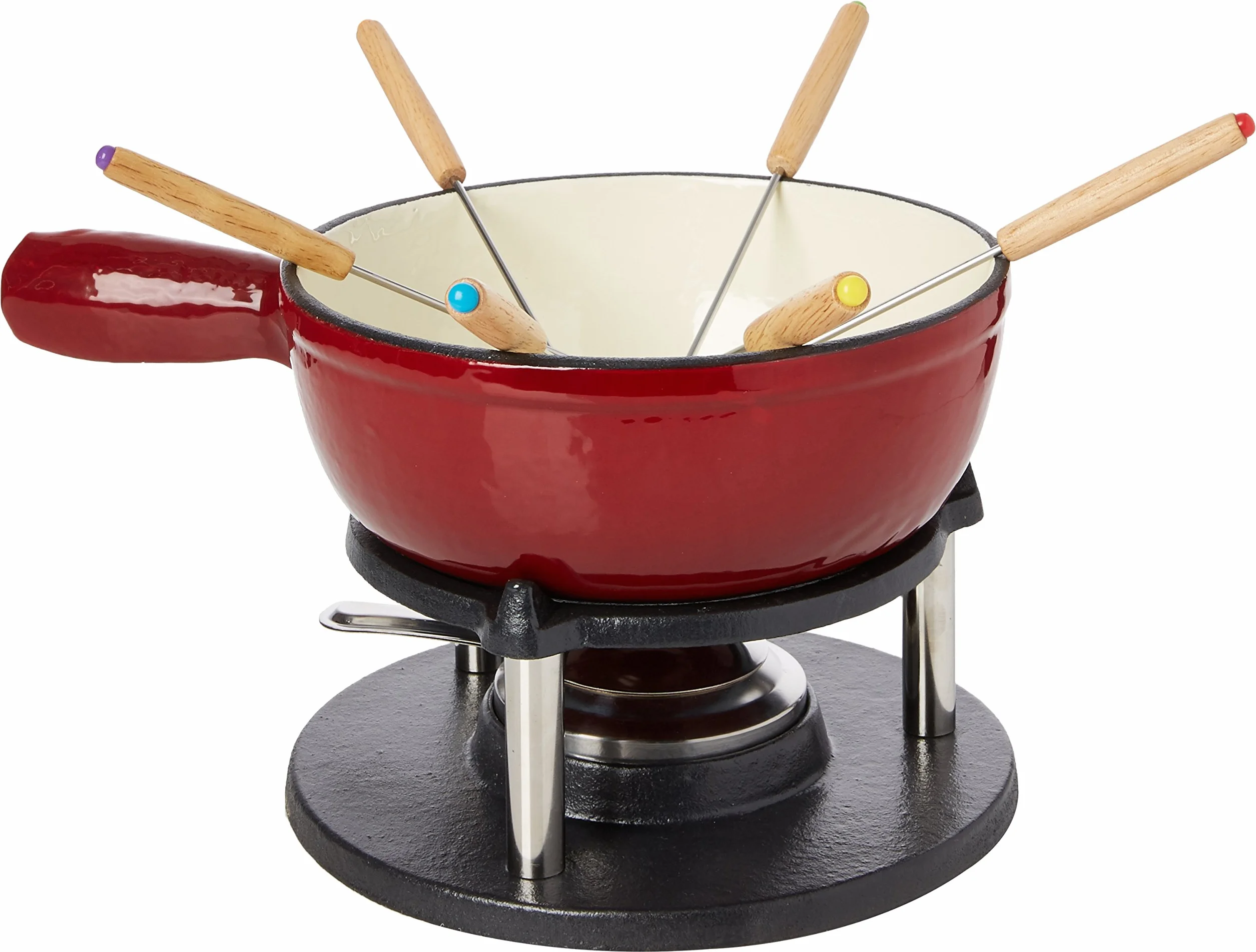 Baumalu Zestaw do fondue z czerwonego emaliowanego żeliwa 20 cm dla 6 osób z palnikiem Caquelon i 6 widelców