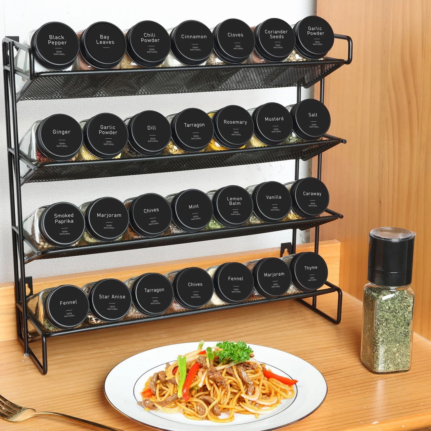 ComSaf 24 szt. szklanych słoików na przyprawy 113 ml z pokrywkami typy shaker, 93 etykiety, poręczny lejek, młynek, puste pojemniki na przyprawy i kwadratowe słoiki na przyprawy, do kuchni