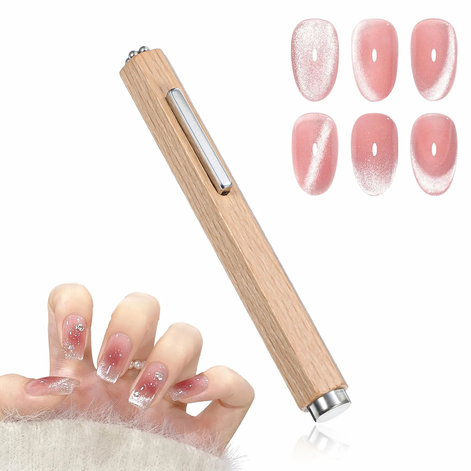 3 w 1 drewniany uchwyt do paznokci, Wszechstronny koci okiem magnetes, Mocny Cat Eye magnes do paznokci, Cylindryczny koci okiem magnes do paznokci do domu DIY salon, Narzędzia do projektowania