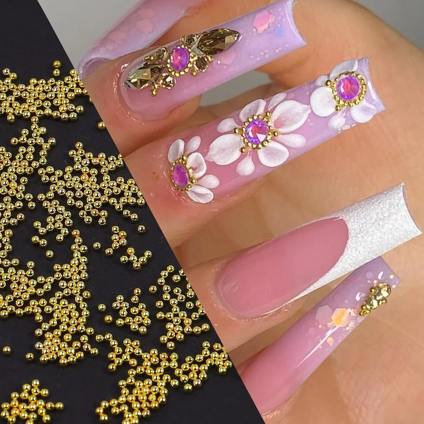 Białe beżowe koraliki do paznokci, płaskie koraliki do stylizacji paznokci, złote metalowe koraliki kawiorowe, Nail Art kamienie stras, charmsy, kawior do paznokci