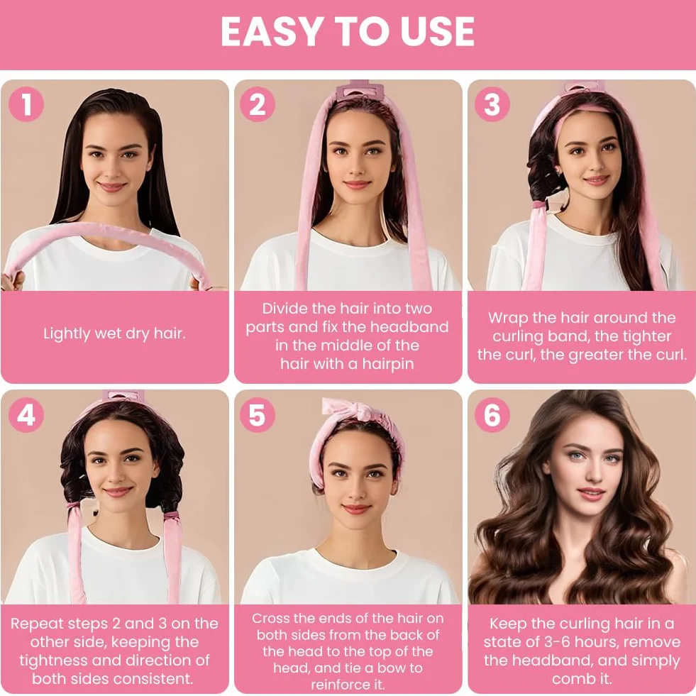 6 sztuk wałków do włosów na noc, aksamitne kręcenie włosów Heatless Overnight Curls, bez wysokiej temperatury, zestaw "zrób to sam", heatless curls do długich i średnich włosów (różowe)