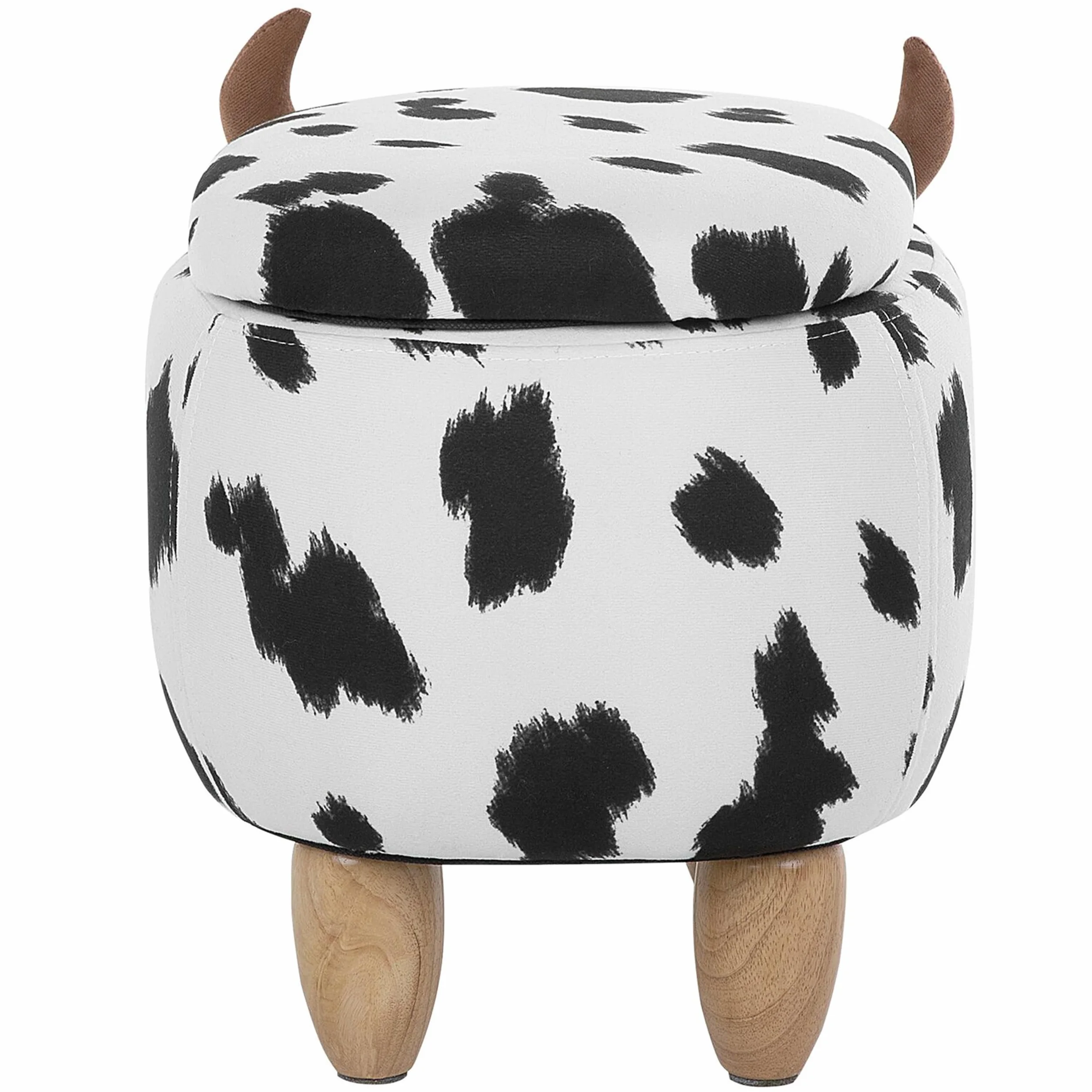 Pufa dla dzieci czarno-biała w łaty ze schowkiem drewniane nóżki Cow
