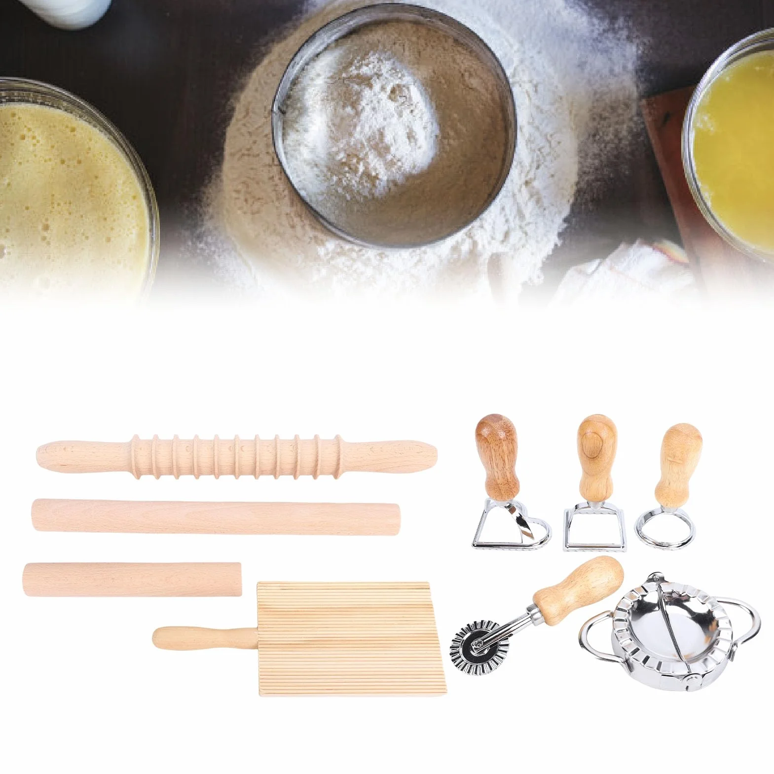 Zestaw 9 Narzędzi do Robienia Makaronu Gnocchi, Foremka do Ravioli ze Stali Nierdzewnej z Wałkiem z Drewna Bukowego, Bezpieczne Uszczelnienie, do Domowego Makaronu, Pierogów