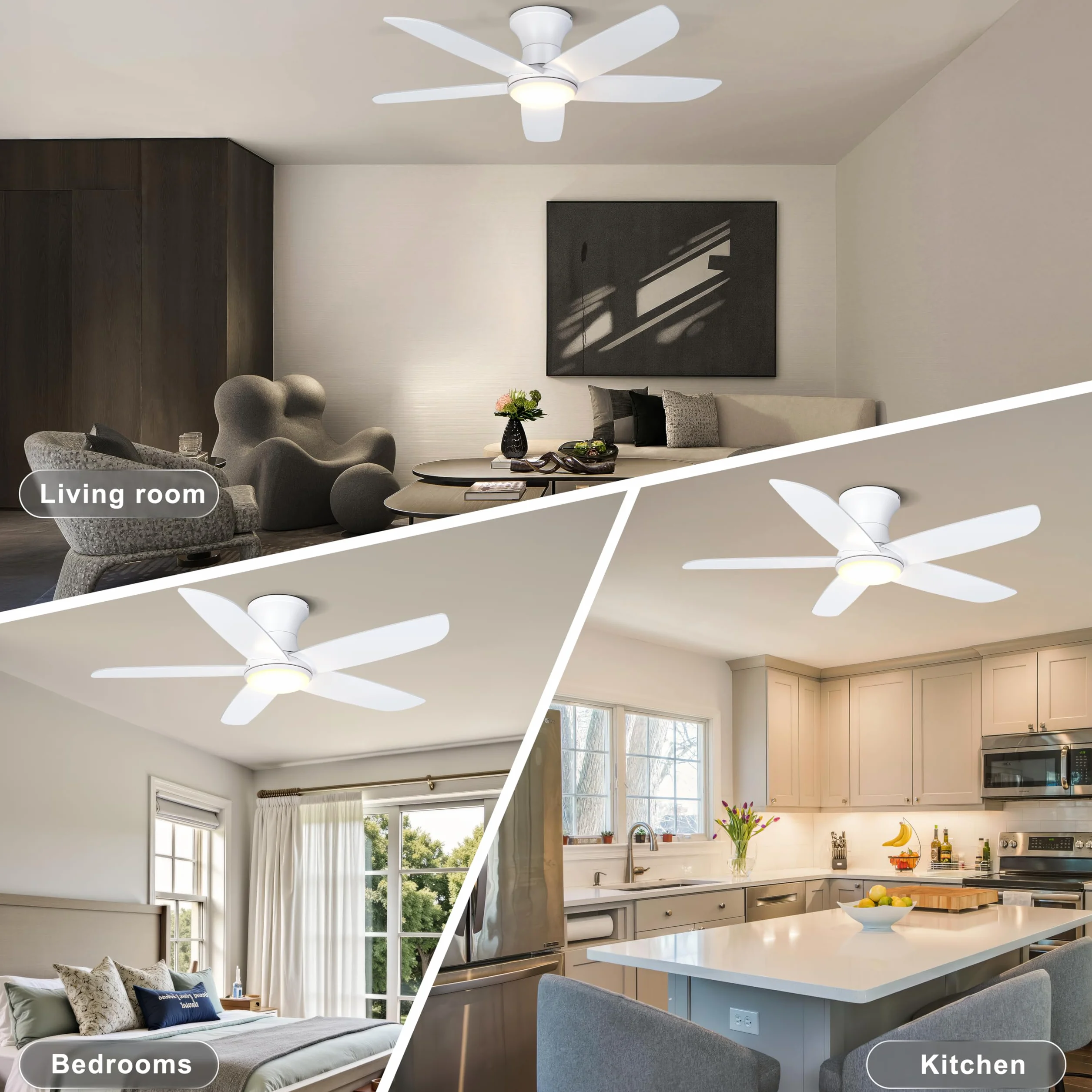Ohniyou 46" Ceiling Fan with Lights, Low Profile, Remote/APP Control, Dimmable, Silent DC Motor, Indoor, White