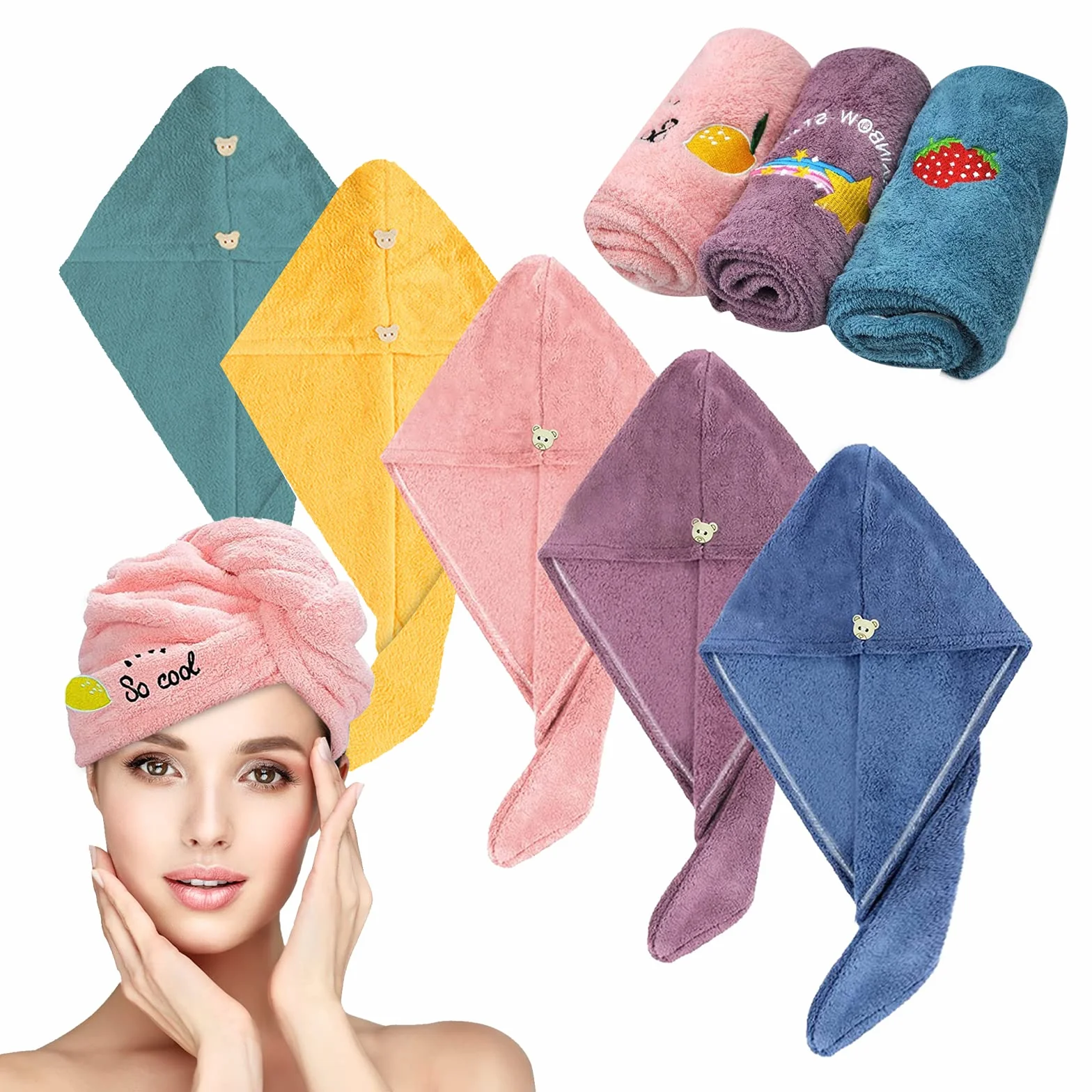 Sporgo 5 sztuk turbanu do włosów, turban z guzikiem, turban z mikrofibry, super chłonny, szybkoschnący, ręcznik do włosów dla kobiet, dzieci, do wszystkich rodzajów włosów
