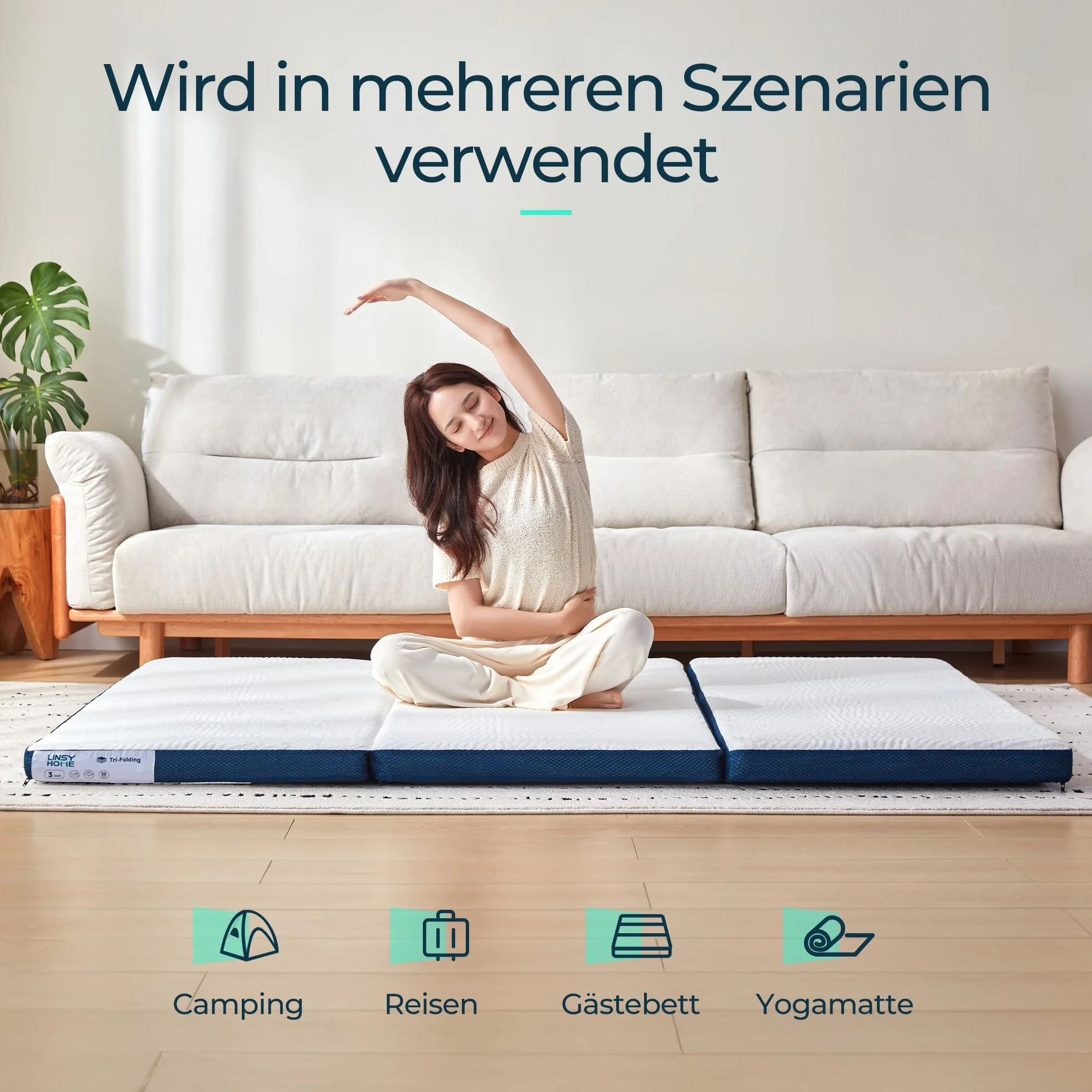 LINSY HOME Składany materac 160 x 200 cm z wyjątkowo wodoodporną poszewką, 7,5 cm materac Tencel Trifold, materac z pianki z pamięcią kształtu, składany, przenośny, łatwy do przechowywania, sofa do