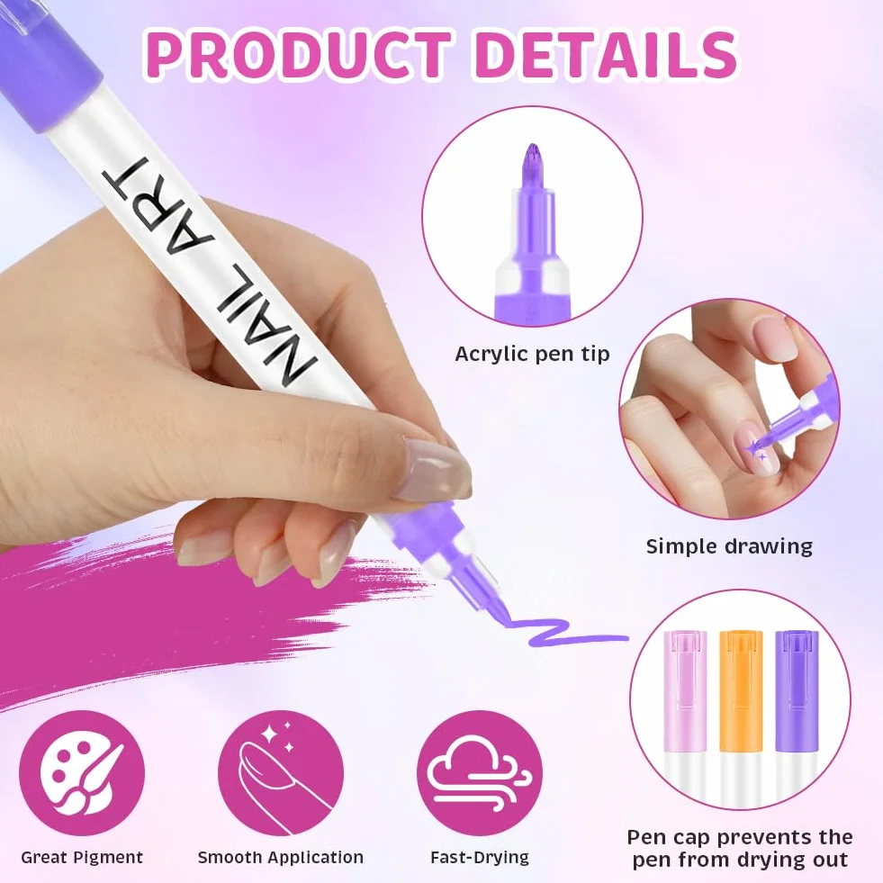Zestaw 12 kolorowych lakierów do paznokci w pisaku, markery 3D Gel Nail Art, pisaki do lakieru do paznokci do projektowania paznokci DIY sztuka paznokci, Nail Art Pen, końcówki do paznokci