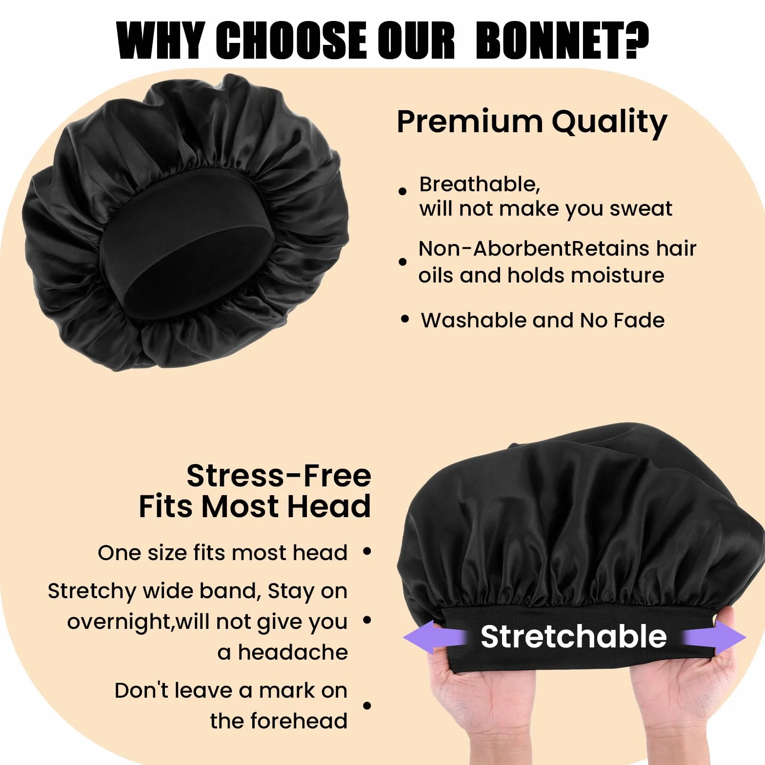 Satynowy czepek na włosy Bonnet i falowane czepki, miękki, oddychający, do spania, jedwabny czepek pod głowę, dla mężczyzn, dorosłych, dzieci, kręcone (czarny)