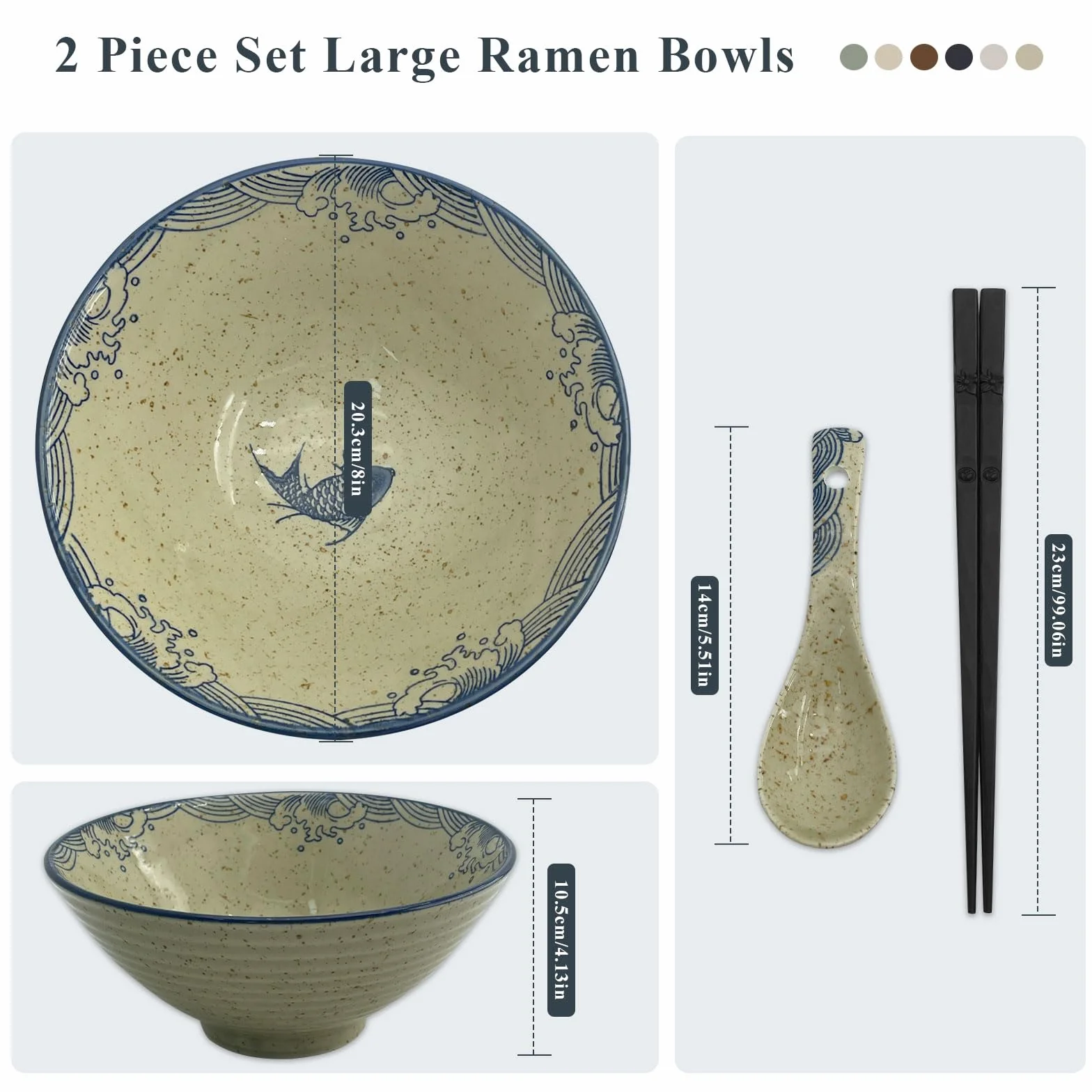 Ramen Ceramiczna Miska 2 x 1200 ml z Pałeczkami i Łyżeczkami - 2 Zestawy Japońskich Misek do Zupy
