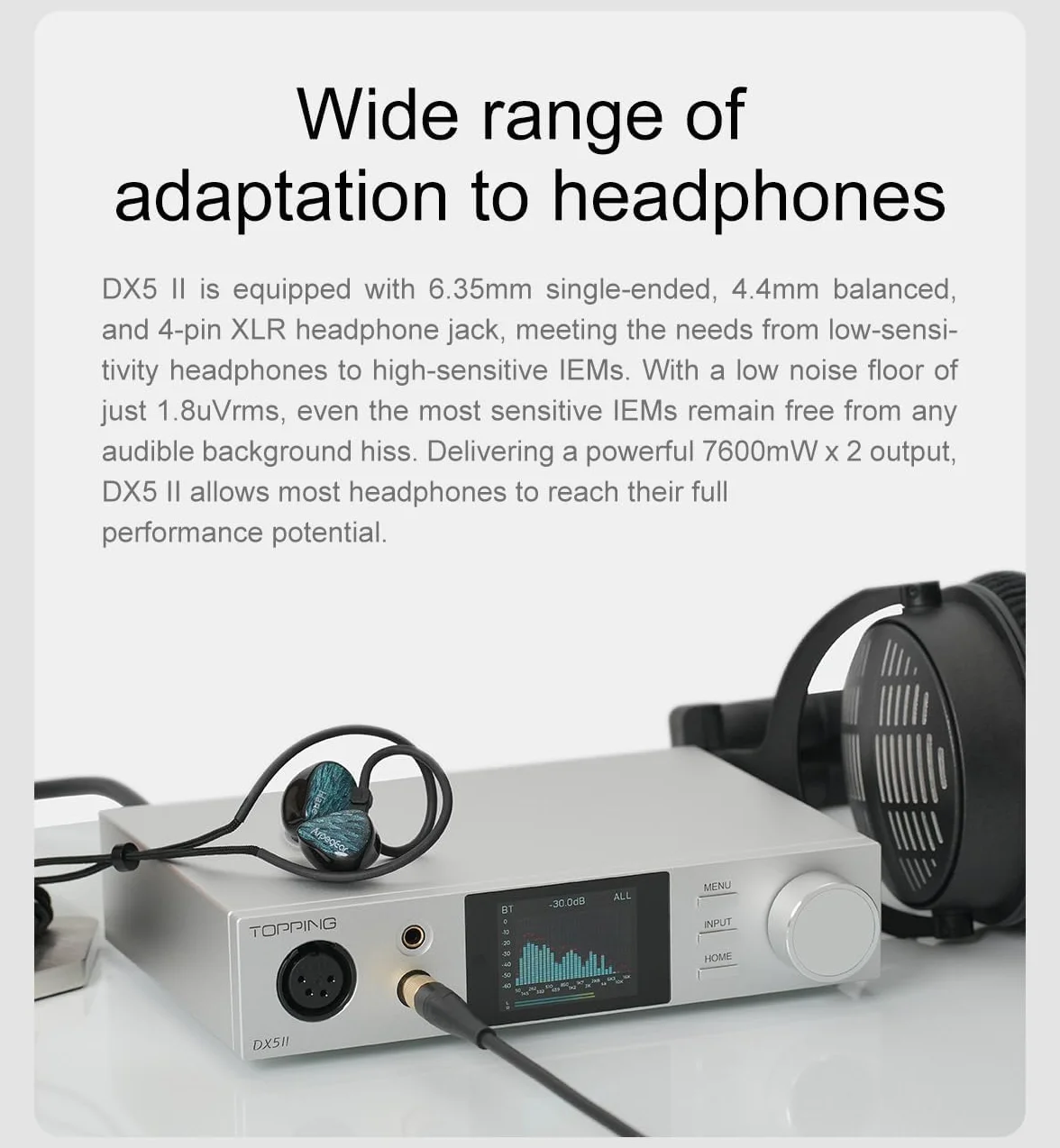 Topping DX5 II DAC wzmacniacz słuchawkowy z Bluetooth 5.1, chip DAC ES9039Q2M, wzmacnianie X-Hybrid, 10-pasmowy korektor dźwięku i symetryczne wyjścia, XMOS-USB, wysoka rozdzielczość, RC, biały