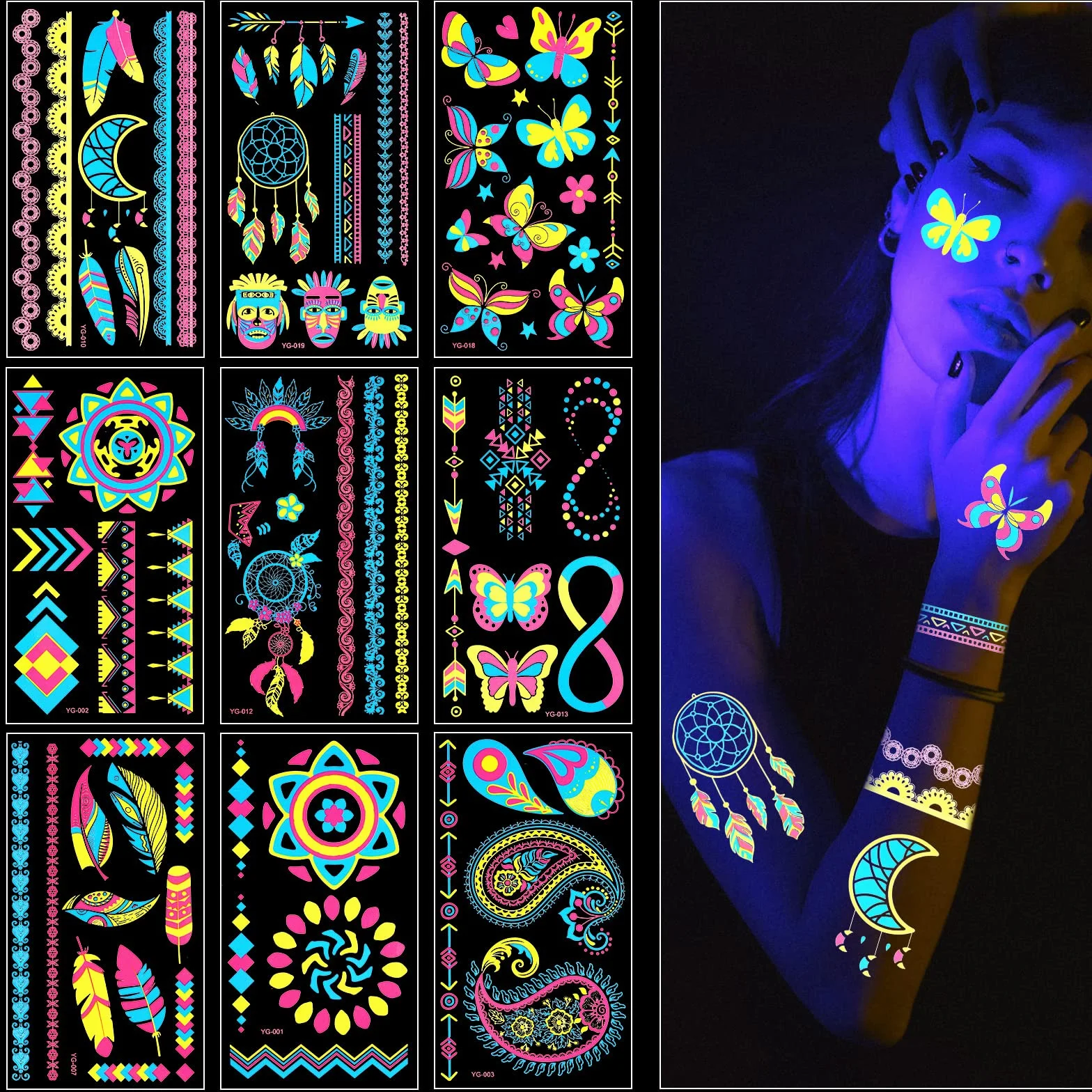 ACWOO Fluorescencyjne tatuaże tymczasowe, 9 arkuszy różnych wzorów neonowy naklejki UV, wodoodporne naklejki dla kobiet i dzieci, makijaż