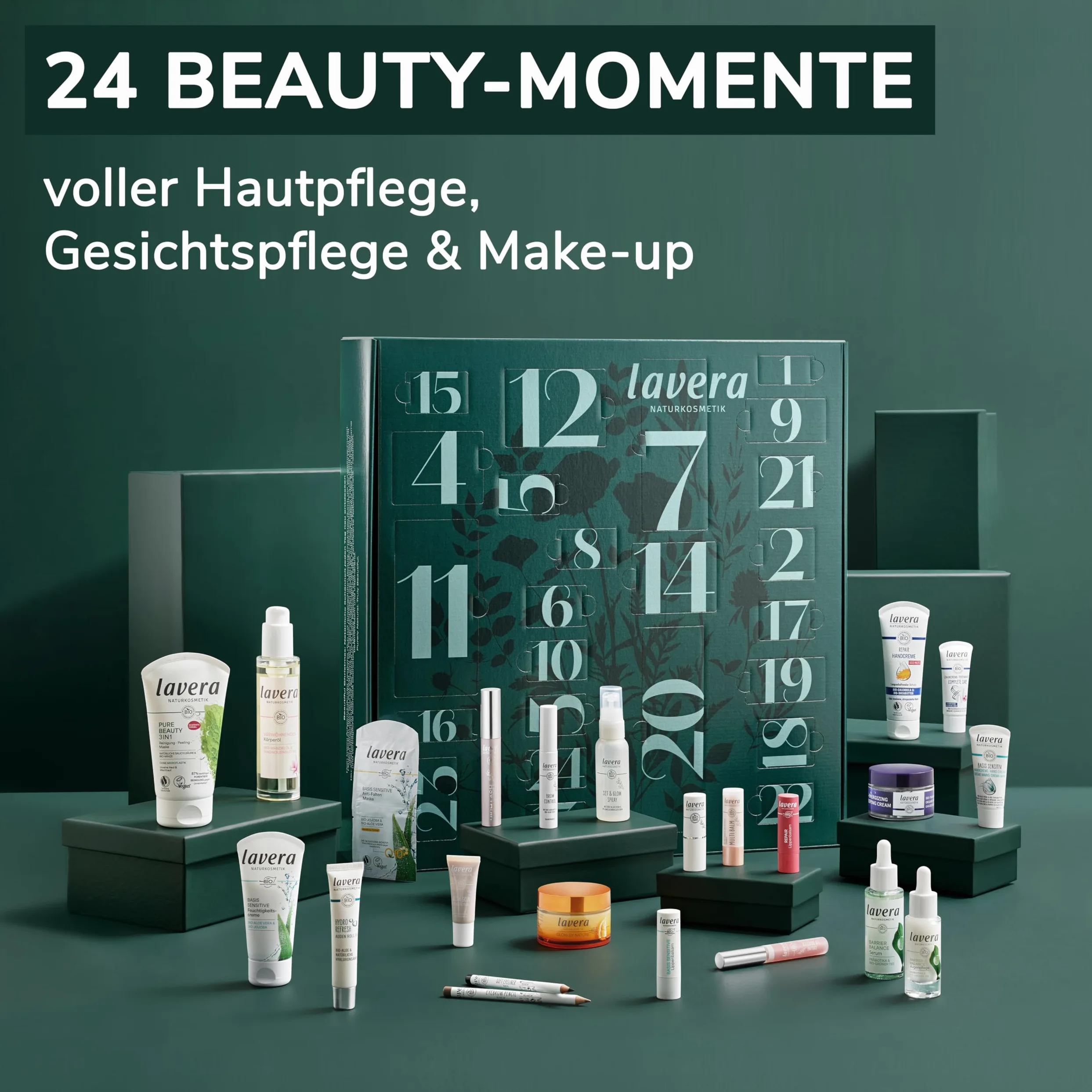 lavera Kalendarz adwentowy 2025 – oczekiwanie na Boże Narodzenie z produktami Beauty o wartości 170 €, kalendarz bożonarodzeniowy z makijażem, pielęgnacją twarzy i kosmetykiem do ciała, naturalny