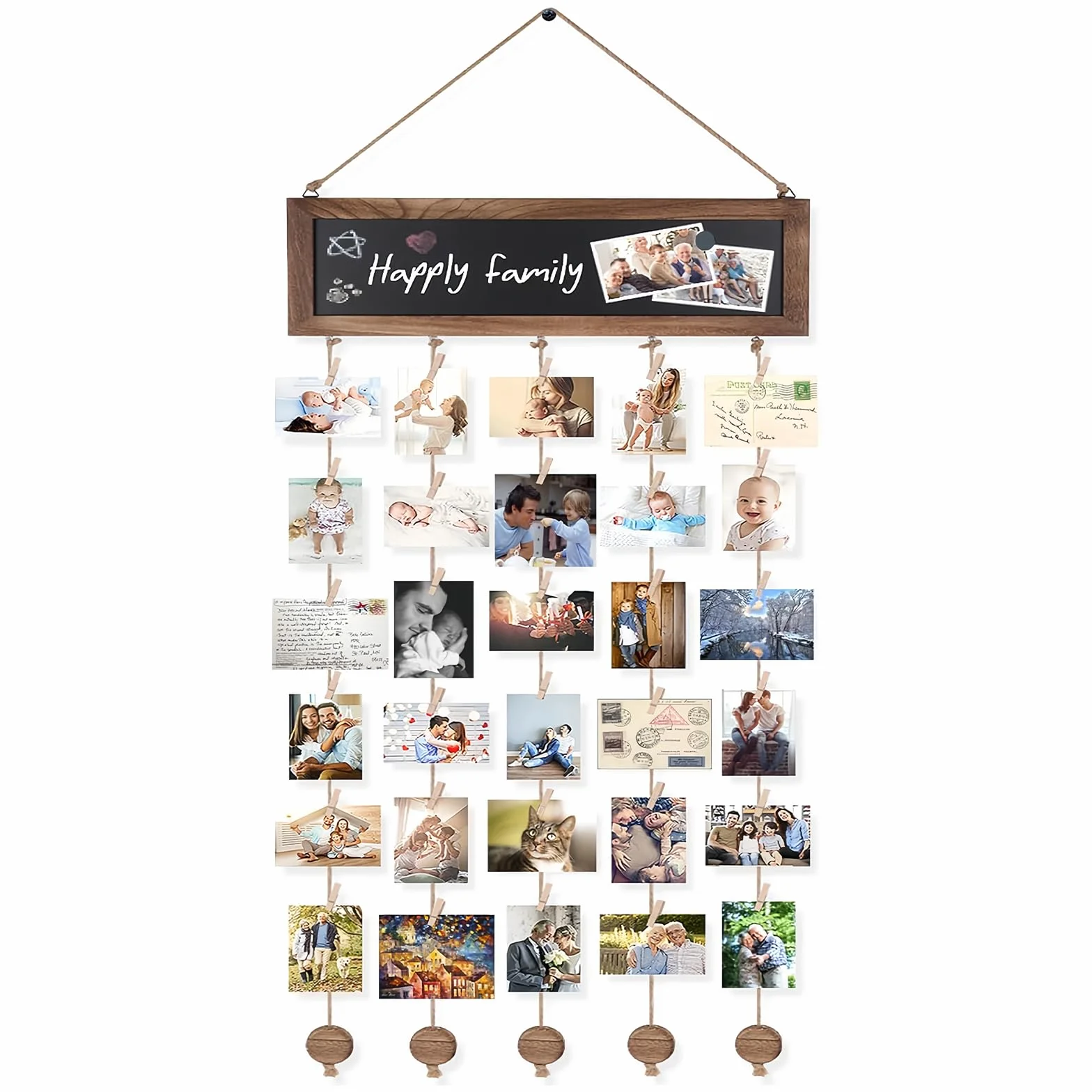PANYI Ściana na zdjęcia z klamerkami z 30 małymi drewnianymi klamerkami i 3 magnesami, "zrób to sam", wisząca zasłona fotograficzna, dekoracja domu, urodziny, wesele, Boże Narodzenie