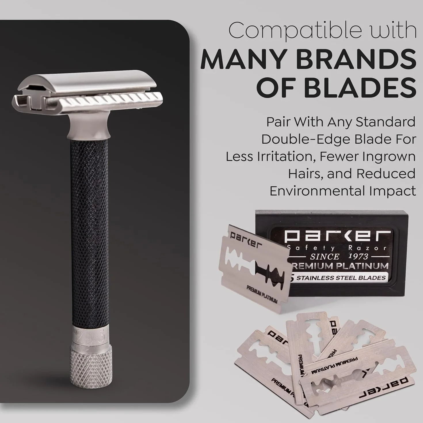 Parker Safety Razor Wariant regulowana dwustronna maszynka do golenia i 5 ostrzy premium - (metaliczna) grafitowa