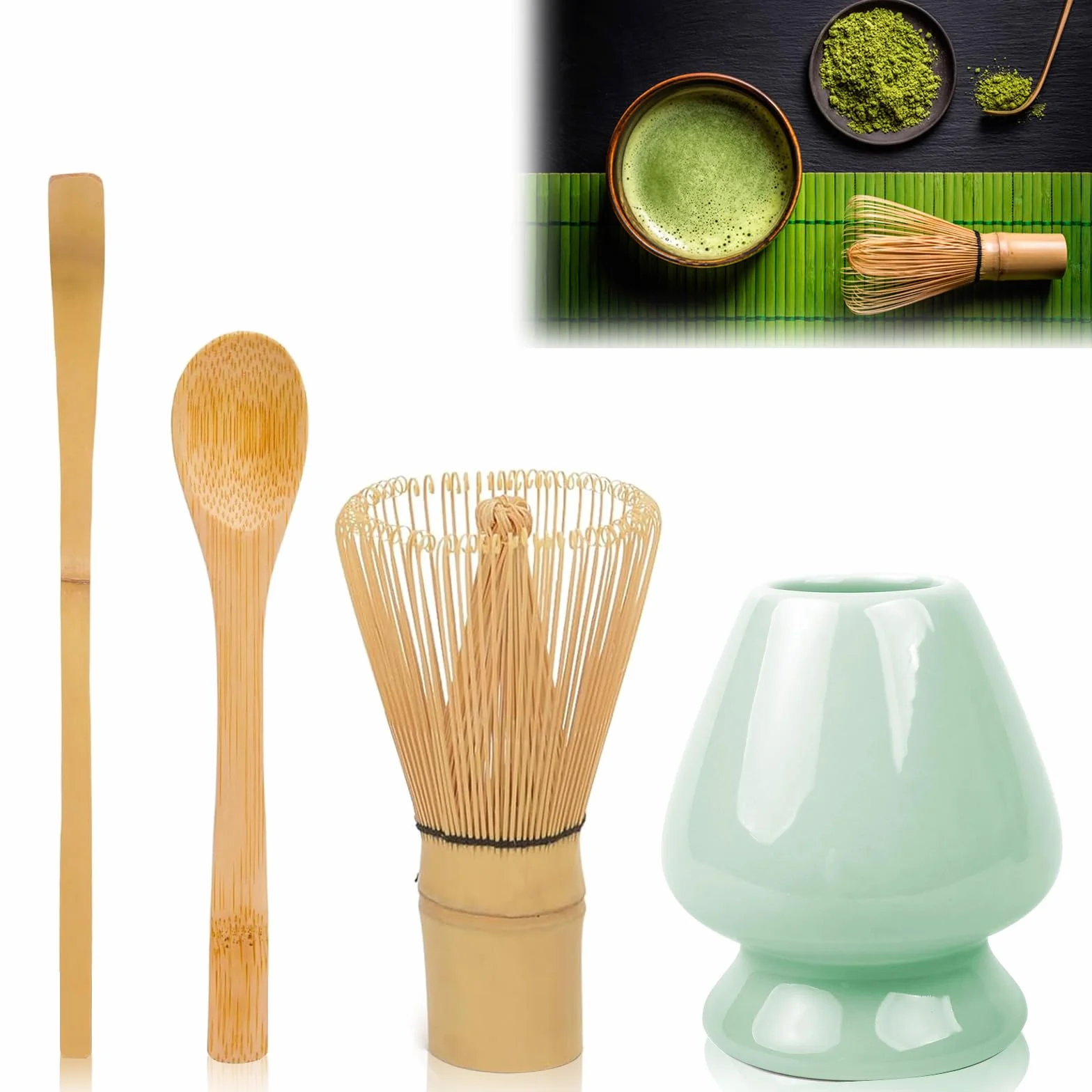 Miotełka do matcha – Zestaw miotełek do matcha – 4-częściowy zestaw z łyżeczką i ceramicznym uchwytem – idealny do przygotowania matcha i ceremonii – cyjanowy
