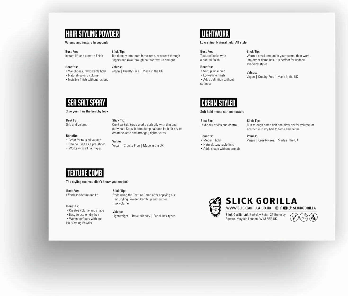 Slick Gorilla Kompletny zestaw do stylizacji włosów – zestaw prezentowy z pudrem, Lightwork, kremem do stylizacji, solą morską i grzebieniem do stylizacji włosów prostych, falowanych lub kręconych