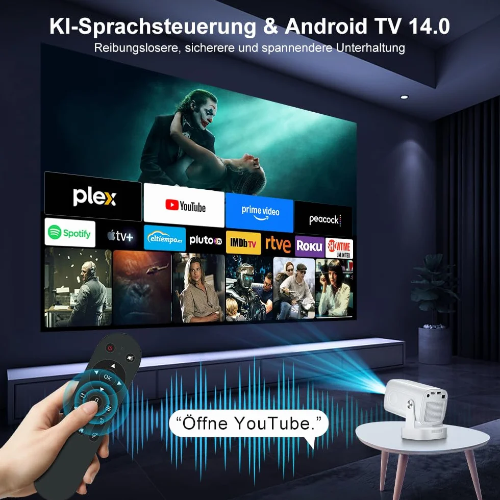 HY260pro Inteligentny Projektor 4K, Mini Projektor z WiFi 6 Bluetooth 5.4, 1080p Full HD, Przenośny Projektor z Systemem Android 14.0, Obrót o 270°, Do Sypialni, na Zewnątrz