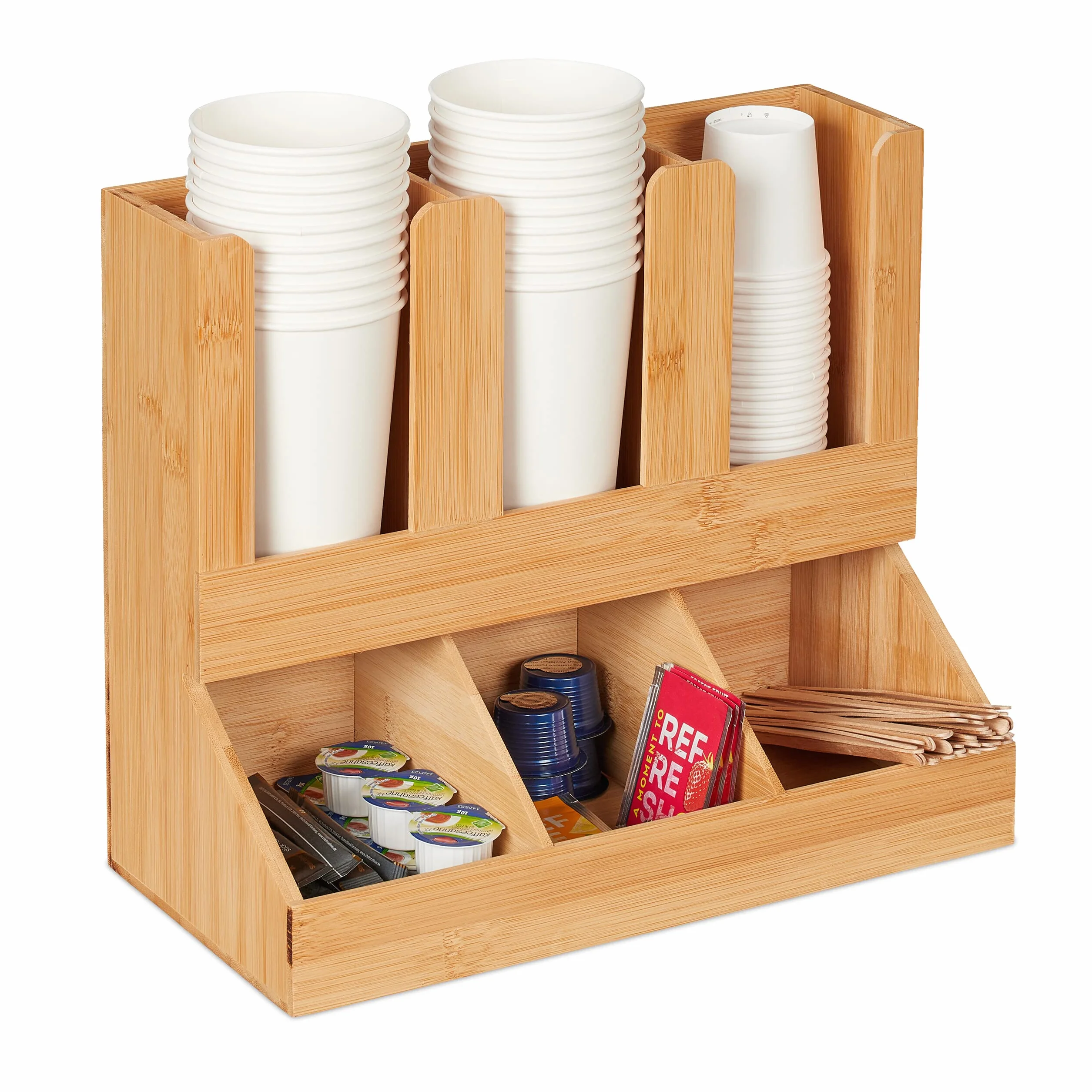 Relaxdays Organizer na kawę, 6 przegródek, bambus, wys. x gł.: 29,5 x 34,5 x 17 cm, stacja do kawy, mleko, cukier, kubek do kawy, naturalny