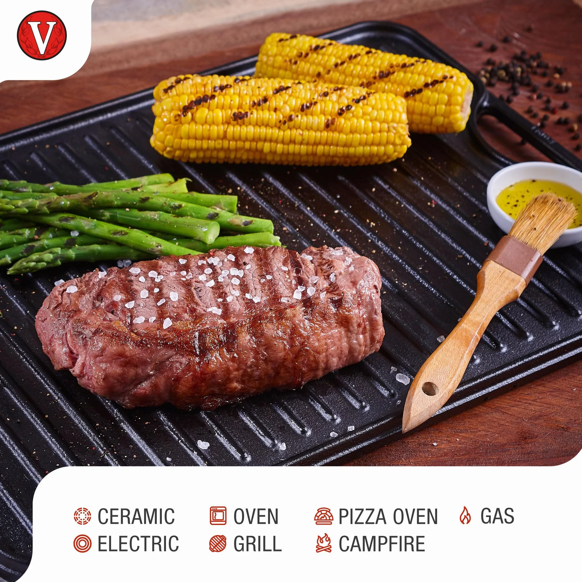 VICTORIA Żelazko do gotowania żeliwne emaliowane podwójne odwracalne grille 33 x 21 cm