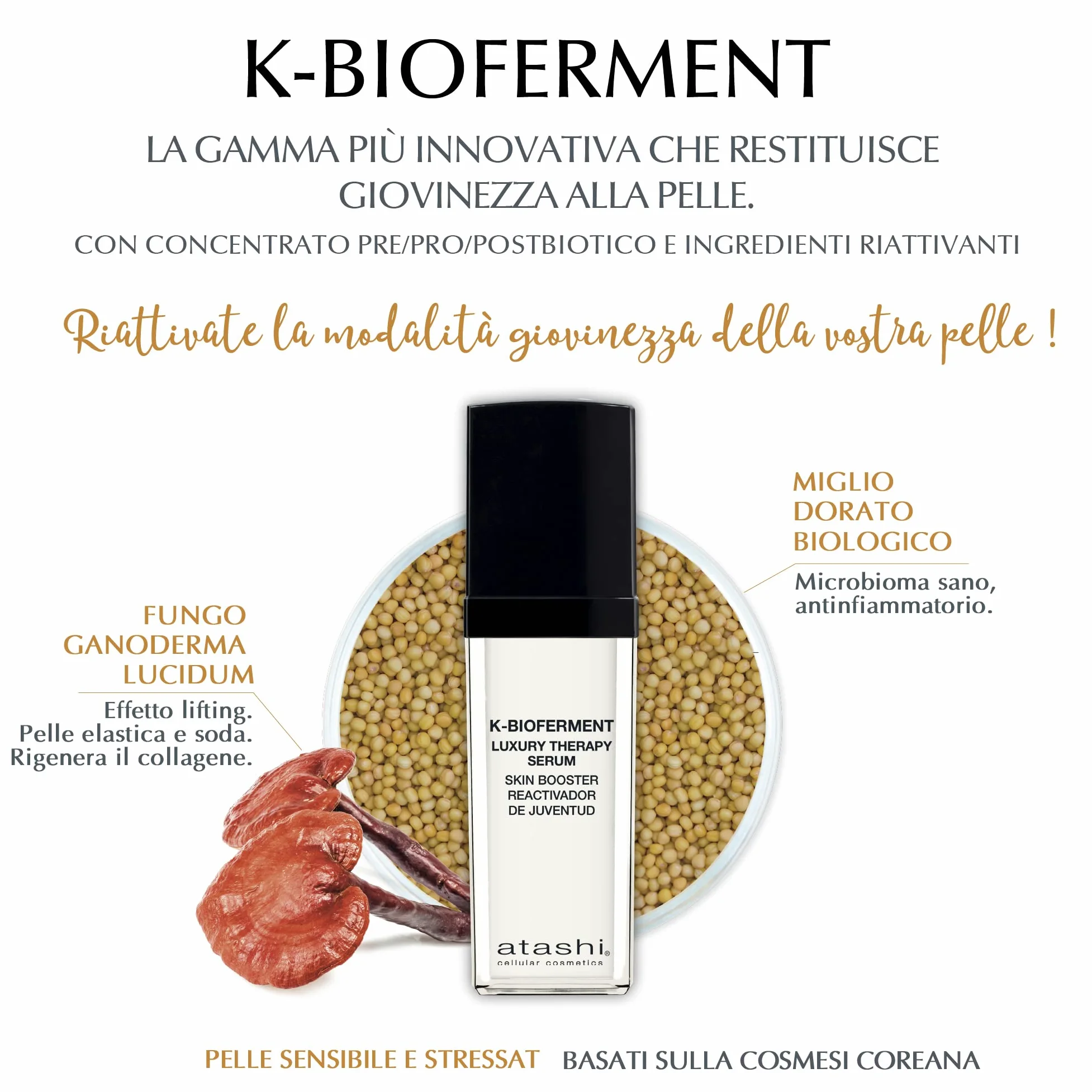 Atashi K-Bioferment | Therapy Luxury Serum Skin Booster | Serum aktywujące dla młodzieży | Rewitalizujące i regenerujące serum do twarzy przeciwstarzeniowe | Skóra wrażliwa i zestresowana | 30 ml