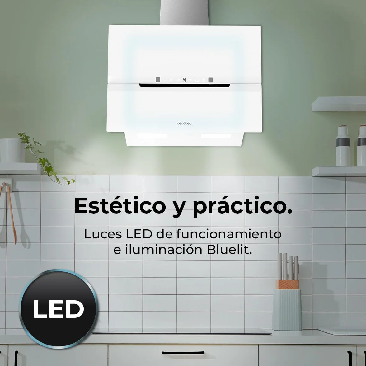 Cecotec Okap próżniowy 60 cm szkło hartowane. Bolero Flux DT 608010 szkło białe A++ 210 W, okap 60 cm, szkło białe, przepływ powietrza 800 m3/h, A++, elektroniczny, LED, węgiel Ø176, aluminium 5