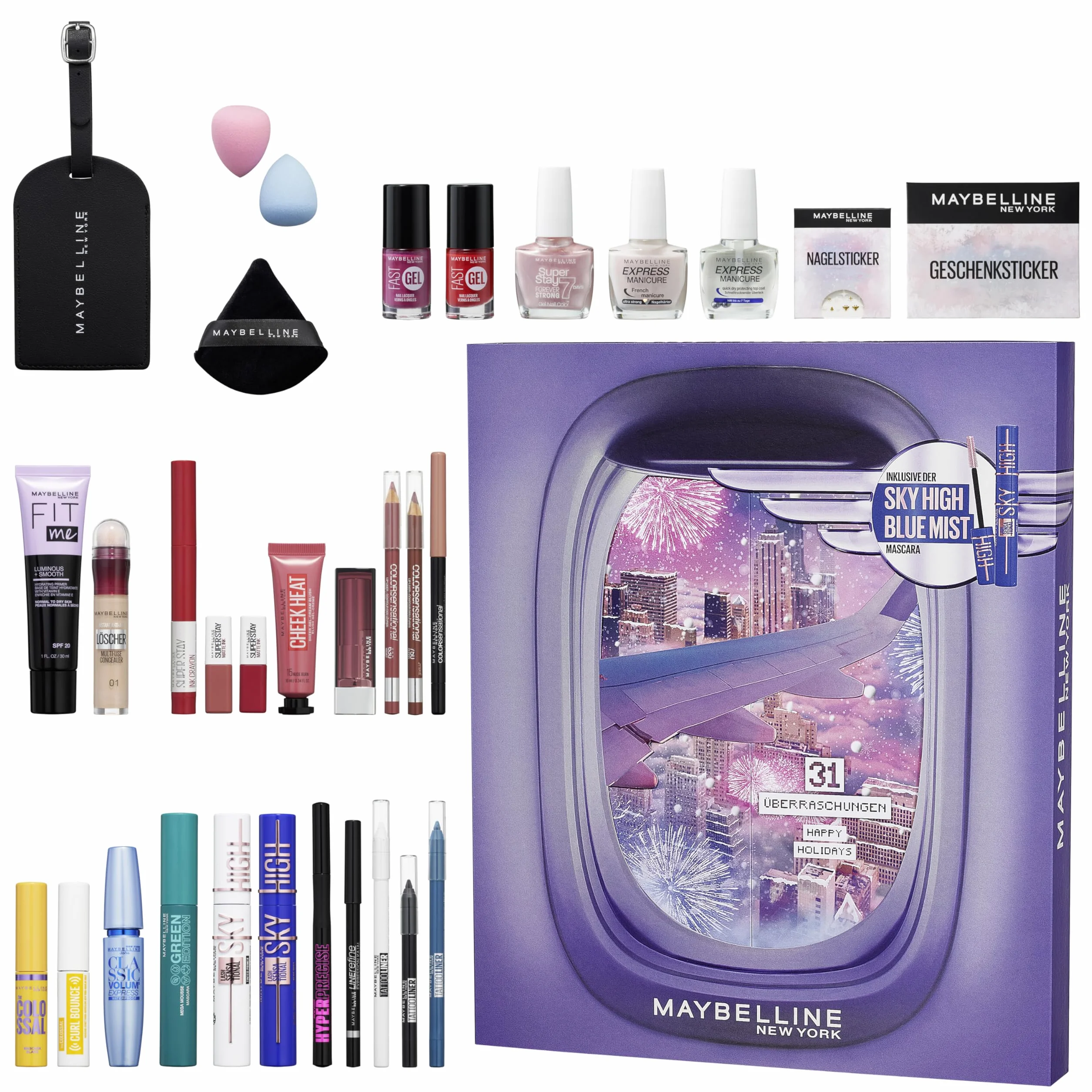 Maybelline Nowy Jork kalendarz adwentowy 2024 31 drzwiczek, z 31 niespodziankami kosmetycznymi