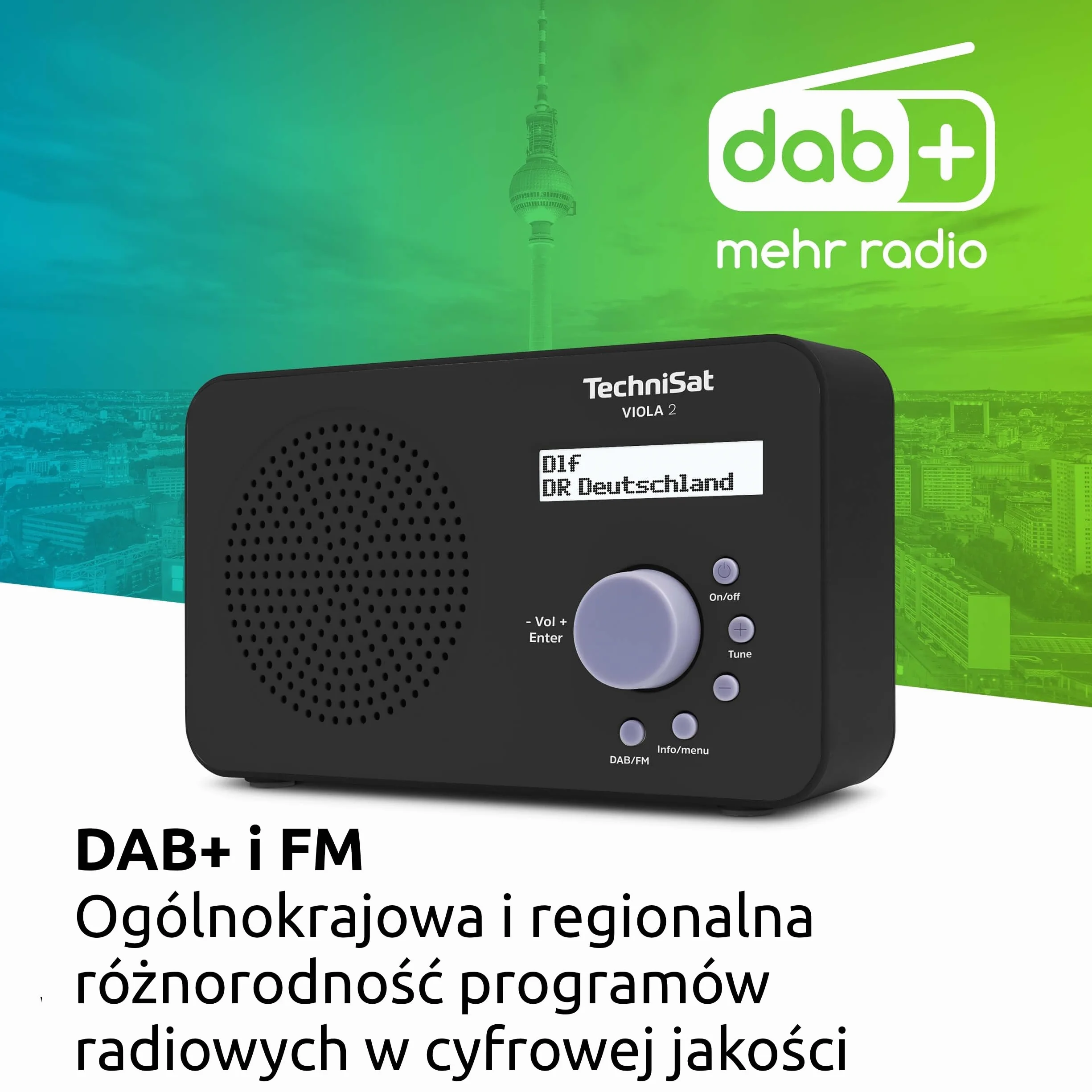 TechniSat VIOLA 2 - przenośne radio DAB (DAB+, FM, głośnik, gniazdo słuchawkowe, wyświetlacz dwuliniowy, sterowanie przyciskami, małe, 1 Watt RMS) czarne
