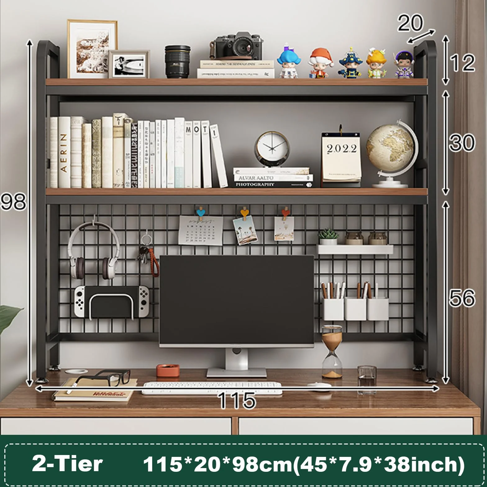 Regał na biurko 2-poziomowy organizer na książki drewno orzechowe czarna rama stal nierdzewna płyta perforowana 115x20 cm
