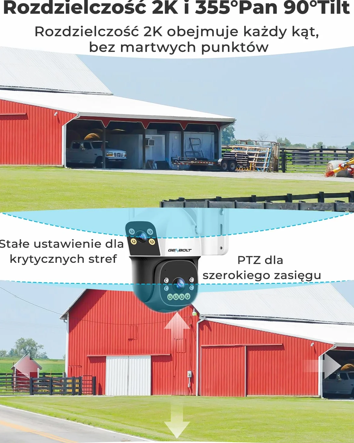 GENBOLT 4G AOV Kamera Zewnętrzna Solarna, Nagrywanie 24/7 3MP+3MP CCTV Zewnętrzna Kamera Monitoringu z wykrywaniem AI z kartą SIM, Kamera IP Zewnętrzna 8W 15600mAh, Automatyczne śledzenie