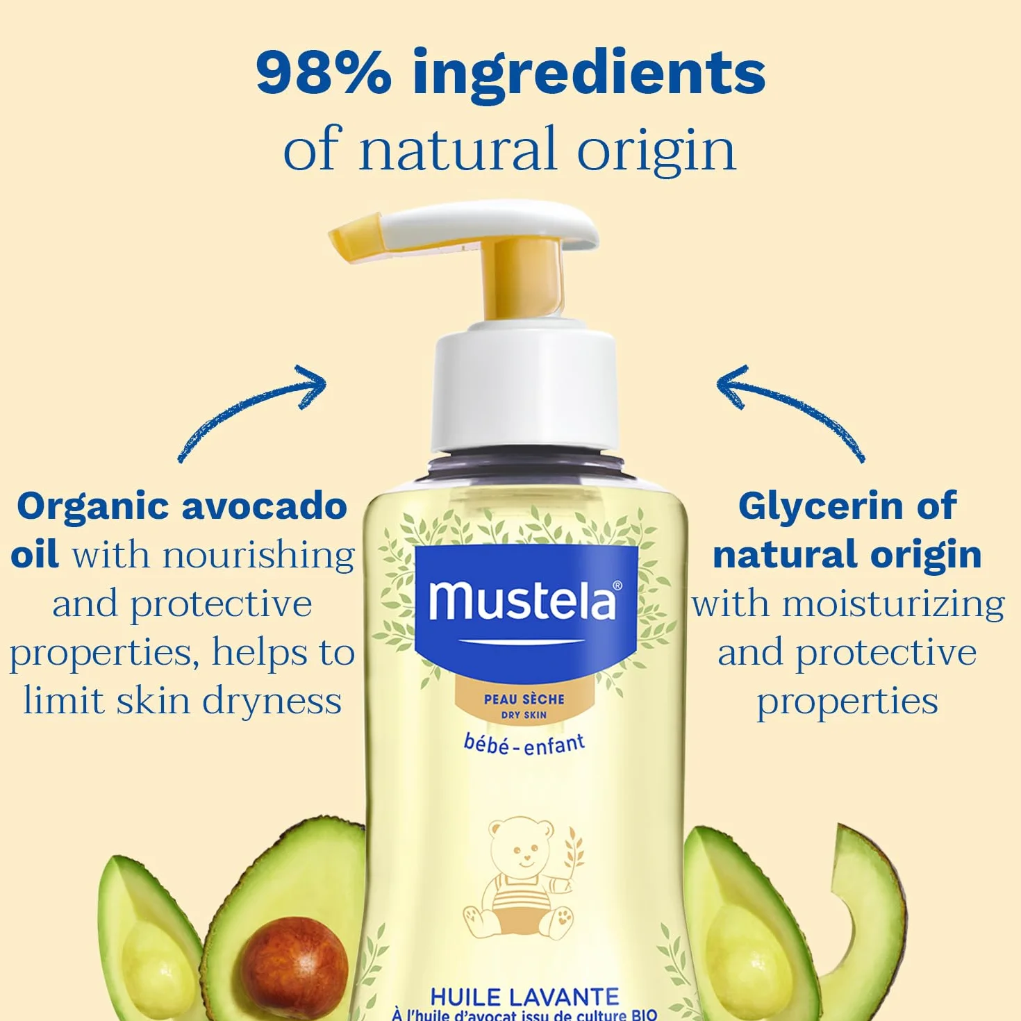 Mustela Olejek do kąpieli Awokado Perseose BIO, ciało i makijaż, dziecko i cała rodzina - nie pali oczu, specyficzny dla skóry suchej, 98% naturalnych składników (500ml)
