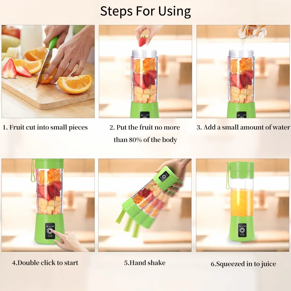 Przenośny blender 380 ml USB Power Blender 6 ostrzy do smoothie i koktajli zielony