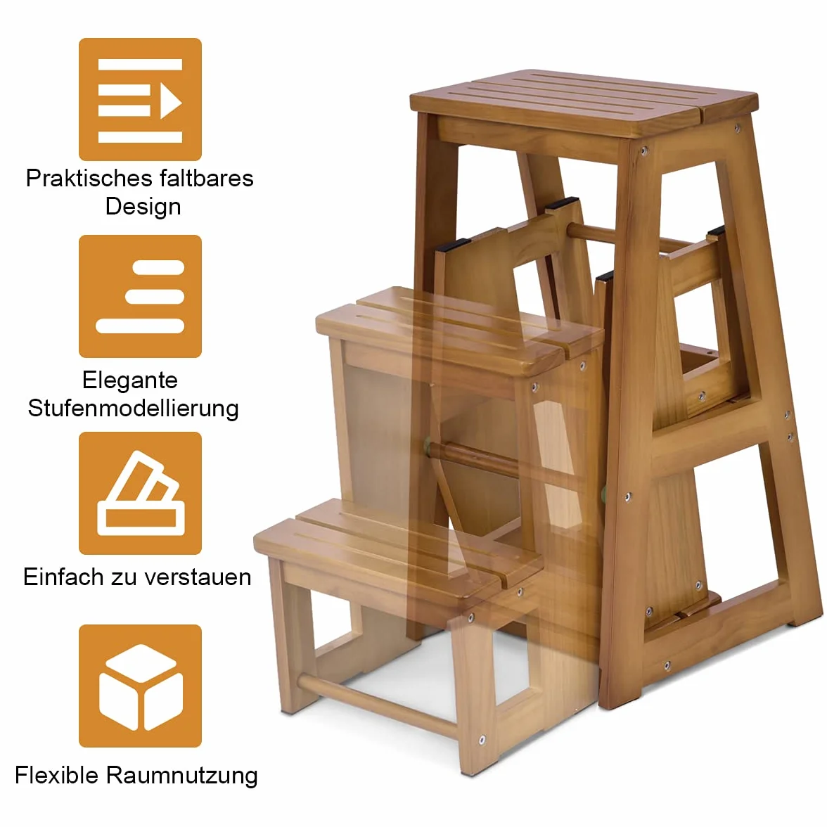 COSTWAY Drabinka taboret 3 stopnie składane krzesło 150 kg 66 cm drabina z litego drewna
