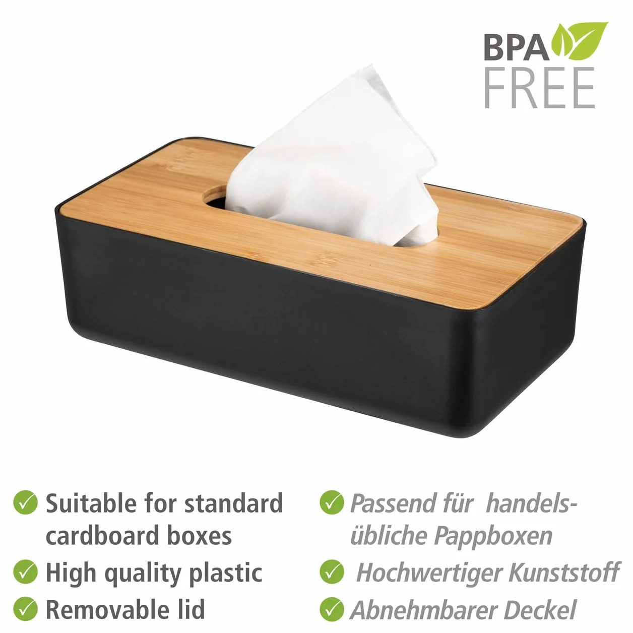 WENKO Rotello chusteczki kosmetyczne plastikowa pokrywa bambusowa 24 x 7,5 x 12,7 cm czarne/kolor naturalny