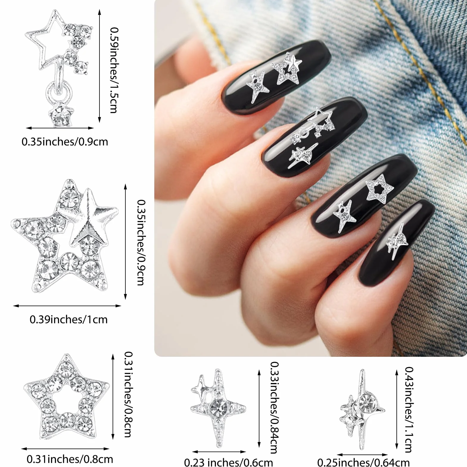 50 sztuk zawieszek do paznokci w kształcie gwiazdy, srebrne gwiazdki 3D, kamienie szlachetne, gwiazdki, wisiorki akrylowe, 4 style Y2k, akcesoria do paznokci, akcesoria do paznokci, stop 3D, do