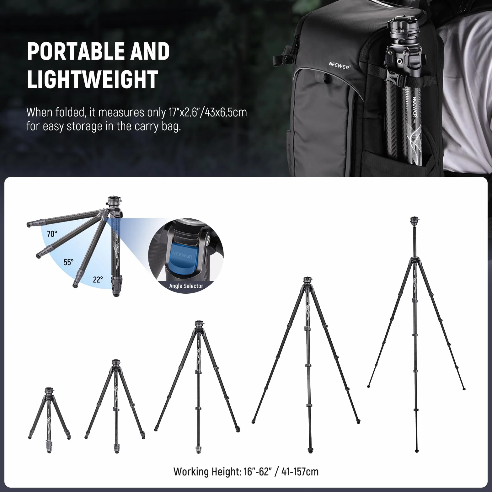 NEEWER LITETRIP LT32 157.5 cm statyw podróżny z włókna węglowego z poziomowaniem ±15°, głowica panoramiczna 360°, odłączana oś środkowa, klamra szybkiego otwierania, płyta Arca QR kompatybilna z Peak