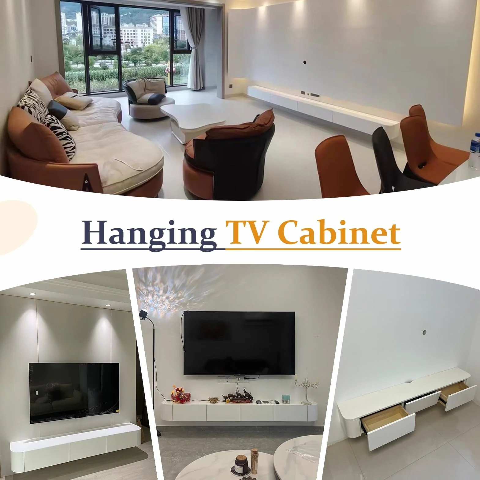 Floating TV Unit Wall Mounted TV Cabinet with 4 Cabinets Wooden Entertainment Media Console Large Storage TV Bench White 200cm
