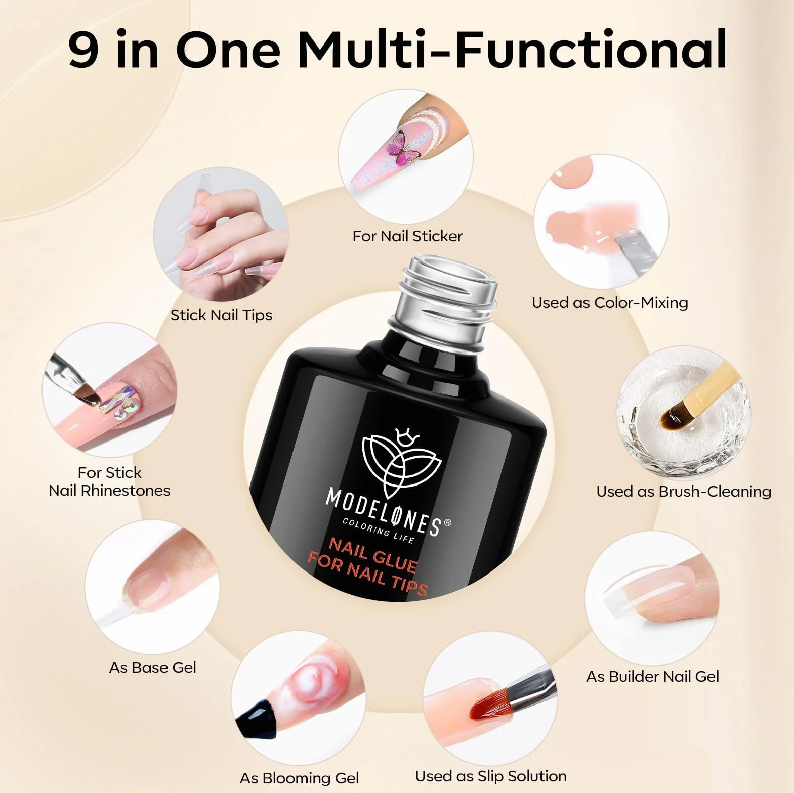 Modelones Klej do Sztucznych Paznokci 6 w 1 - 2 x 15 ml, Bardzo Mocny do Tipsów Żelowych, z Pędzlem, Wymaga Utwardzania Pod Lampą UV