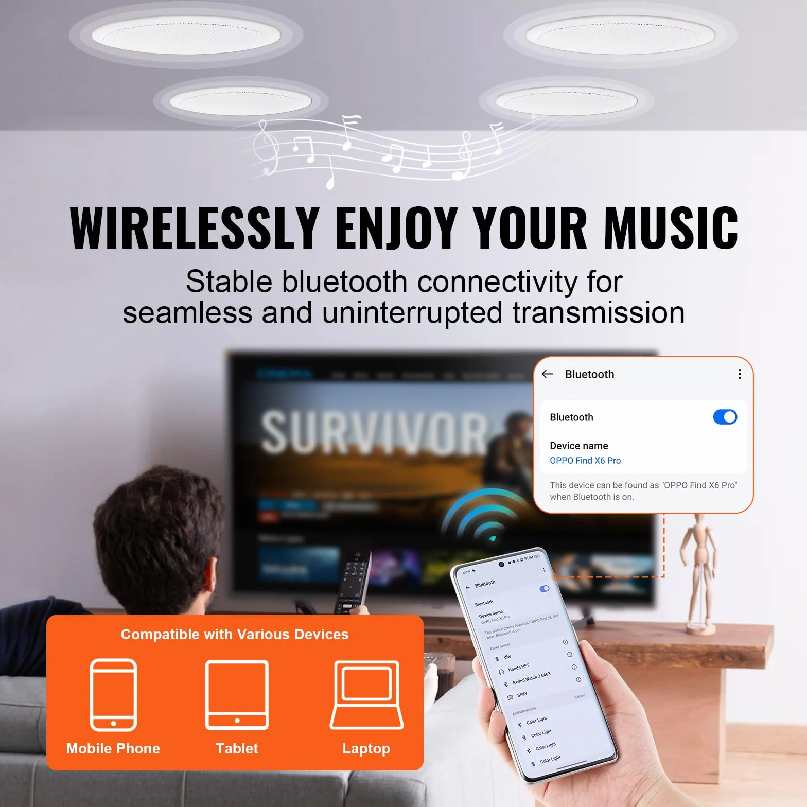 VEVOR Zestaw 4 głośników sufitowych Bluetooth ok. 17 cm, 150 W, system głośników ściennych o impedancji 8 Ω i czułości 89 dB, do kuchni w domu, salonie, sypialni lub zadaszonych werandach