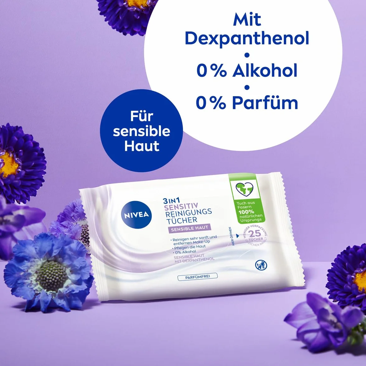 NIVEA 3 w 1 Sensitiv chusteczki czyszczące, łagodne chusteczki do czyszczenia twarzy z dekspantenolem, delikatne chusteczki do demakijażu dla szczególnie wrażliwej skóry, zawierające 0% alkoholu (25