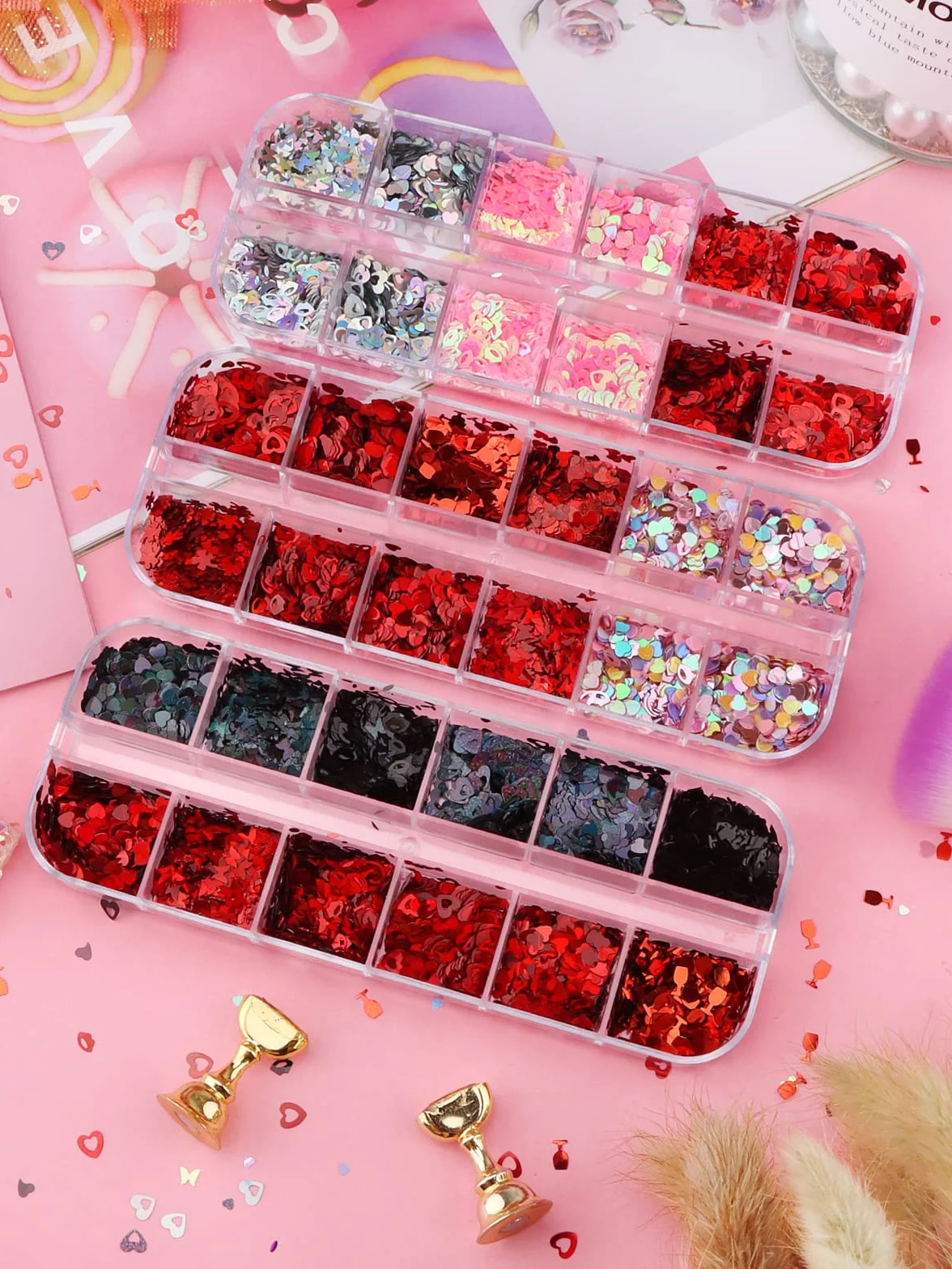 Kalolary 3 x cekiny do zdobienia paznokci walentynkowe, cekiny w kształcie serca, cekiny do paznokci, w kształcie wargi, kwiatowe, holograficzne cekiny do manicure, twarzy, ciała, dekoracji, E