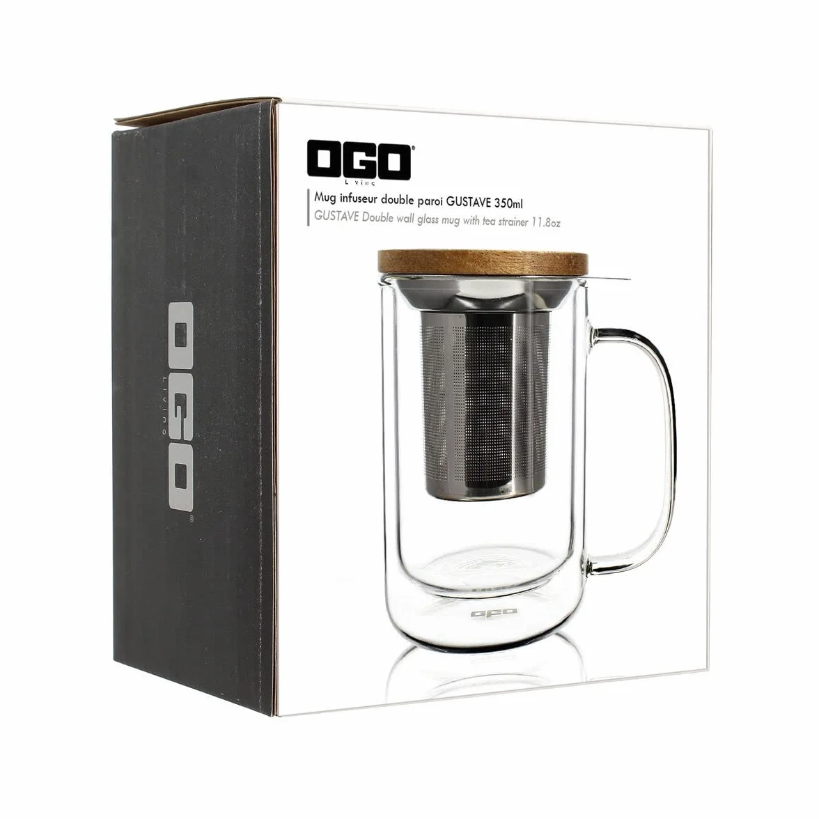 Ogo Living Ogo-Mug dzbanek z sitkiem do herbaty i pokrywką z bambusa, przezroczysty, 390 ml