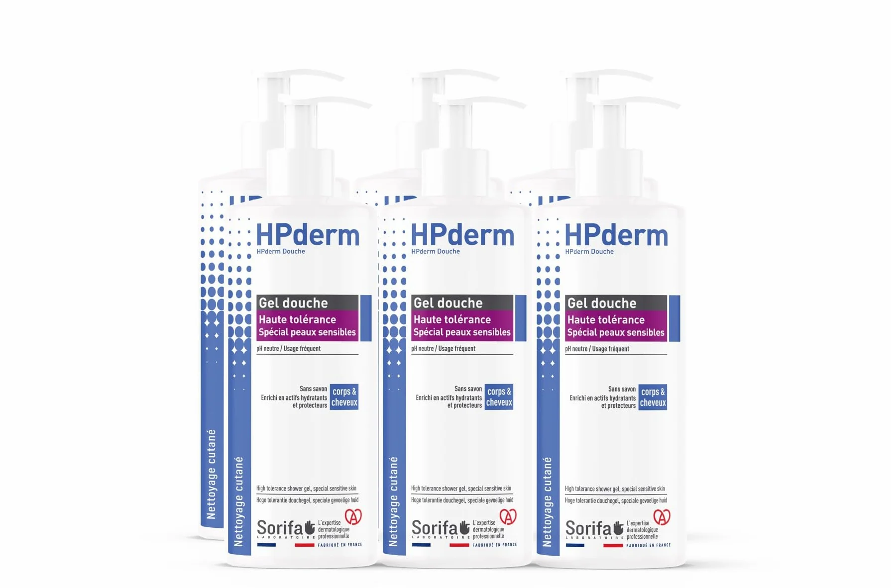 HPderm WYSOKA TOLERANCE Żel pod prysznic 2 w 1 do ciała i włosów - Specjalny dla skóry wrażliwej, wytatuowany, łamliwe włosy - Częste używanie - pH neutralne, bez mydła - Pompa 500 ml