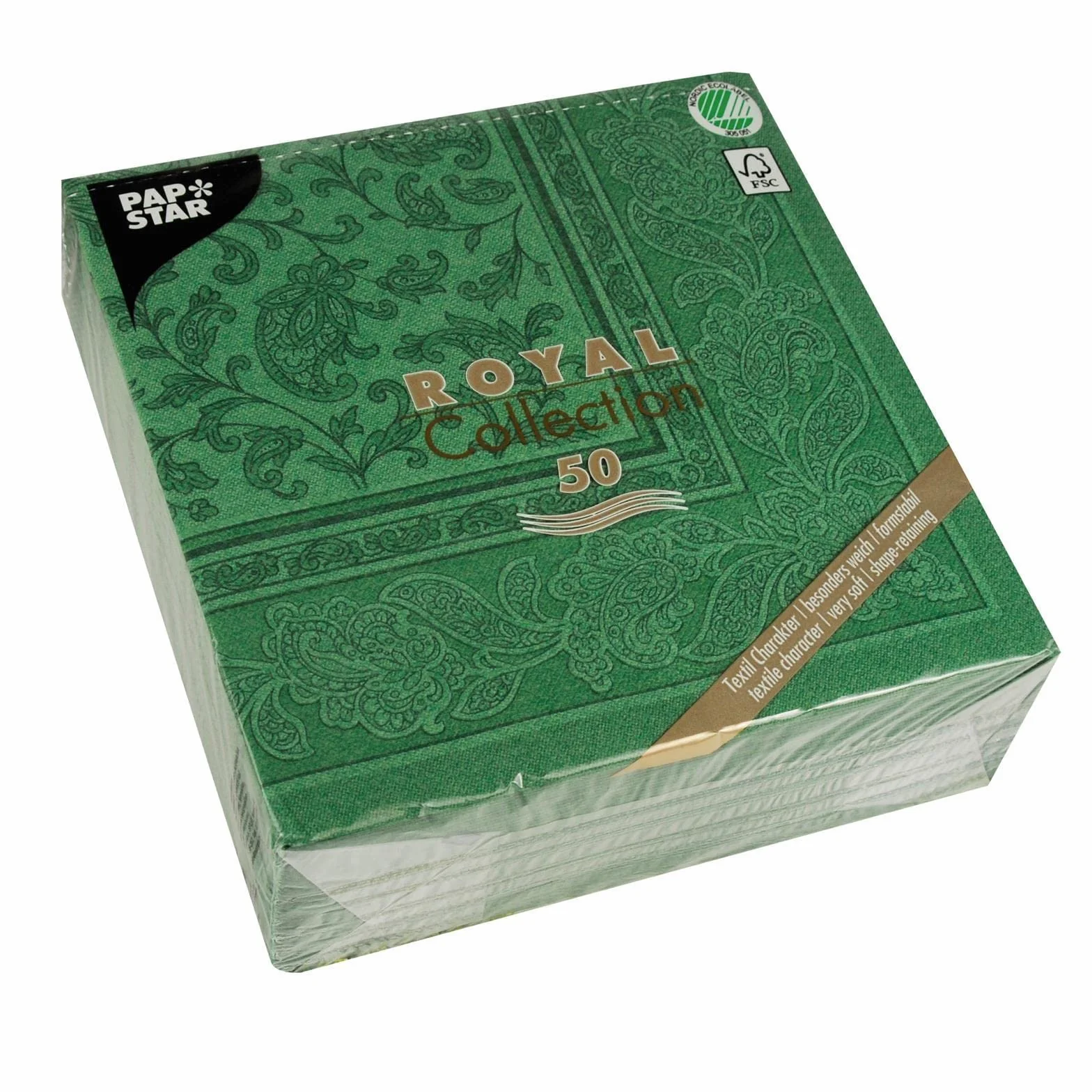 Papstar, 50 serwetek "ROYAL Collection" składane na 1/4 40 cm x 40 cm ciemnozielone "Ornaments", #11666