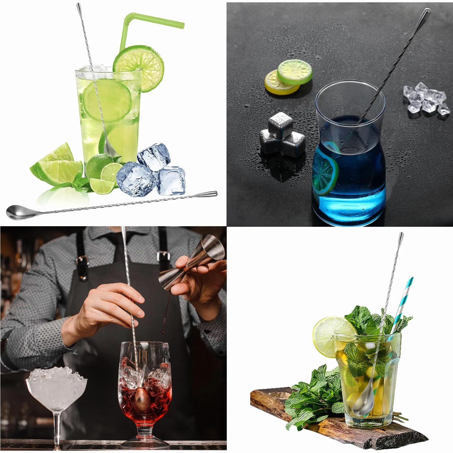 Ouligay 2 sztuki łyżek barowych, skręconych, 30 cm długości, ze stali nierdzewnej, łyżki do degustacji, wysokiej jakości spiralne łyżeczki do koktajli, kawy, pysznych drinków
