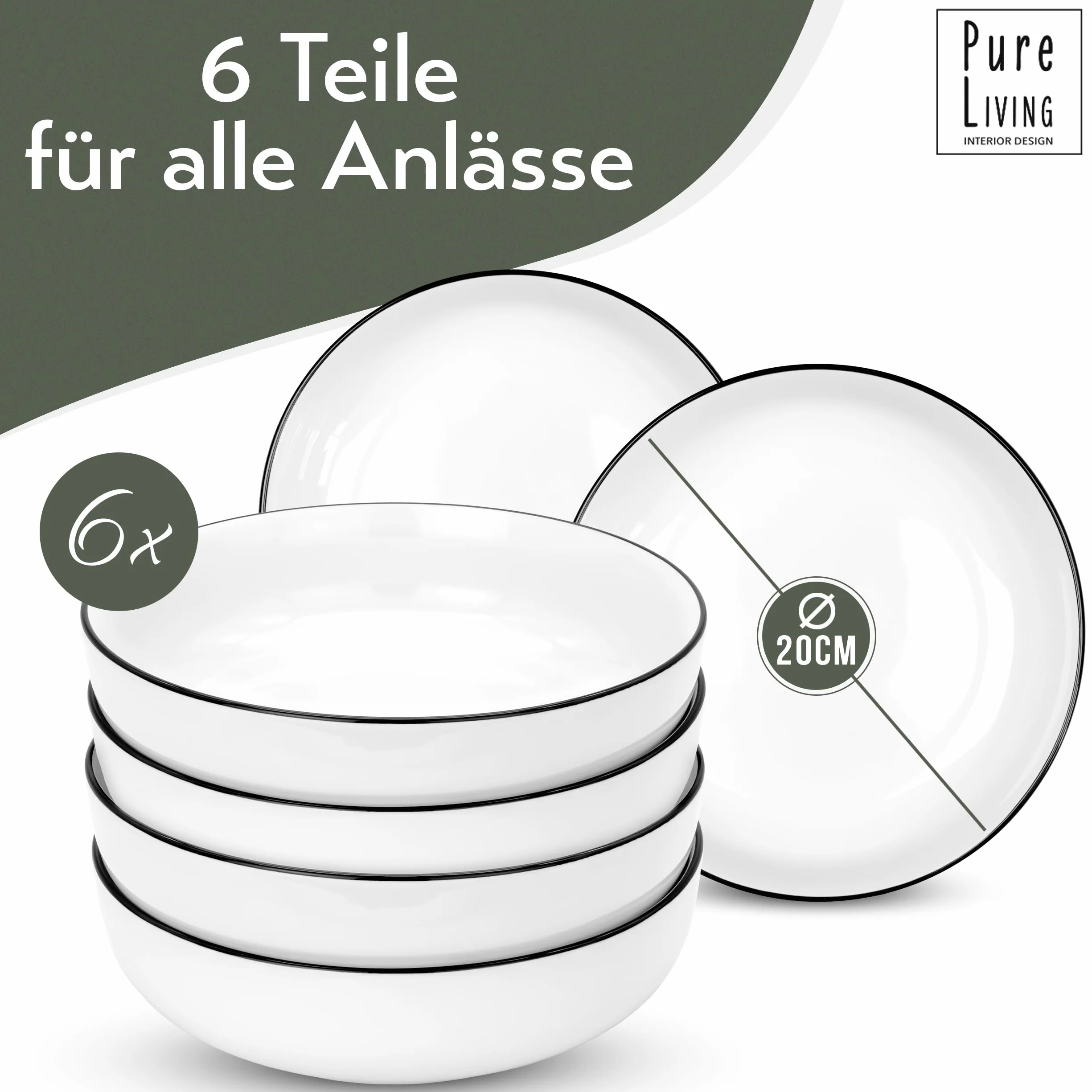 Scandi Pure Living Porcelanowe talerze do zupy, białe, skandynawskie wzornictwo, nadają się do mycia w zmywarce, stylowe, duże miski do sałatek i makaronu, nowoczesne naczynia obiadowe, biała