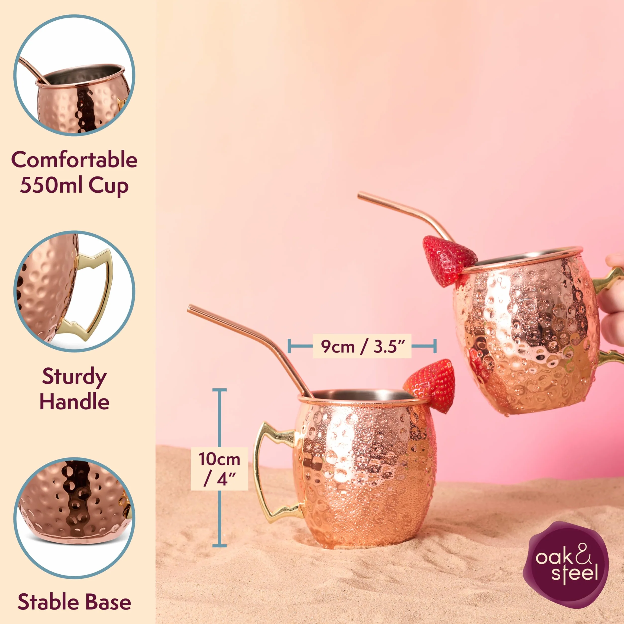 Oak & Steel - 9 Sztuk Moscow Mule Set - 4 Miedziane Kubki, 4 Metalowe Słomki i Pędzel - Solidne i Nietłukące - Koktajle i Zimne Napoje - Zestaw Upominkowy