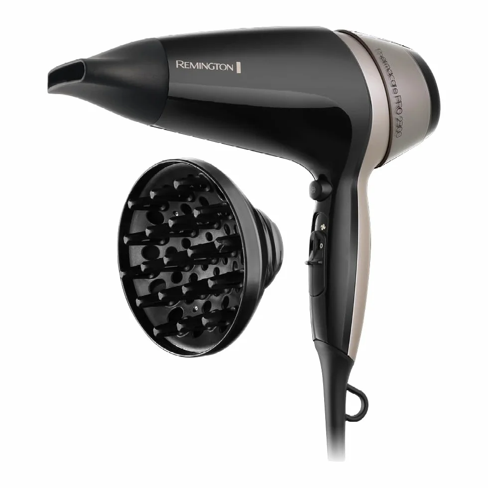 Remington suszarka do włosów, generator jonów, moc 2100W, kratka ceramiczna dla równomiernego rozprowadzenia ciepła, 3 ust. temp i 2ust. nawiewu, wąski koncentrator, dyfuzor, Thermacare PRO, D5715