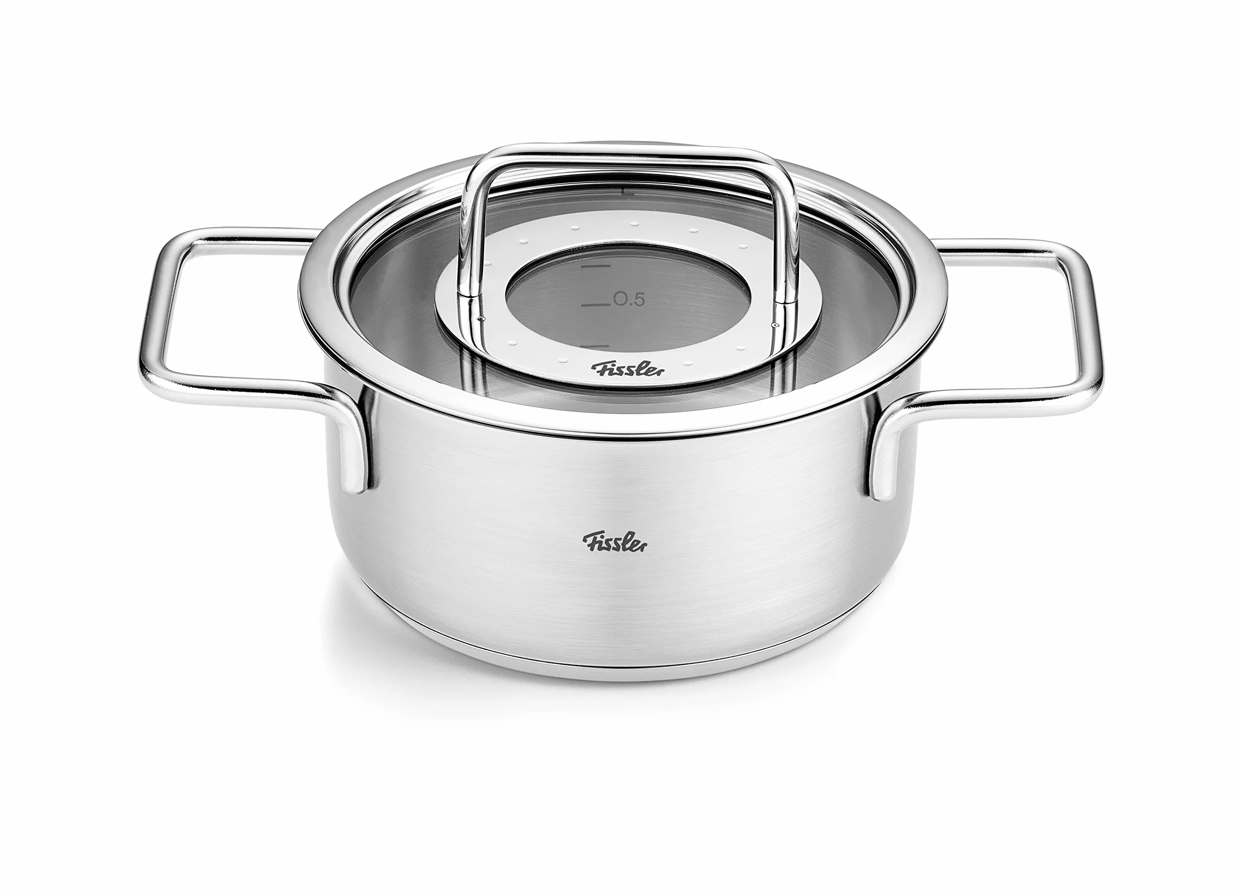 Fissler Pure Collection zestaw garnków ze stali nierdzewnej, 4-częściowy, garnki ze szklaną pokrywką (3 garnki, 1 garnek do pieczenia) - indukcja, srebrny