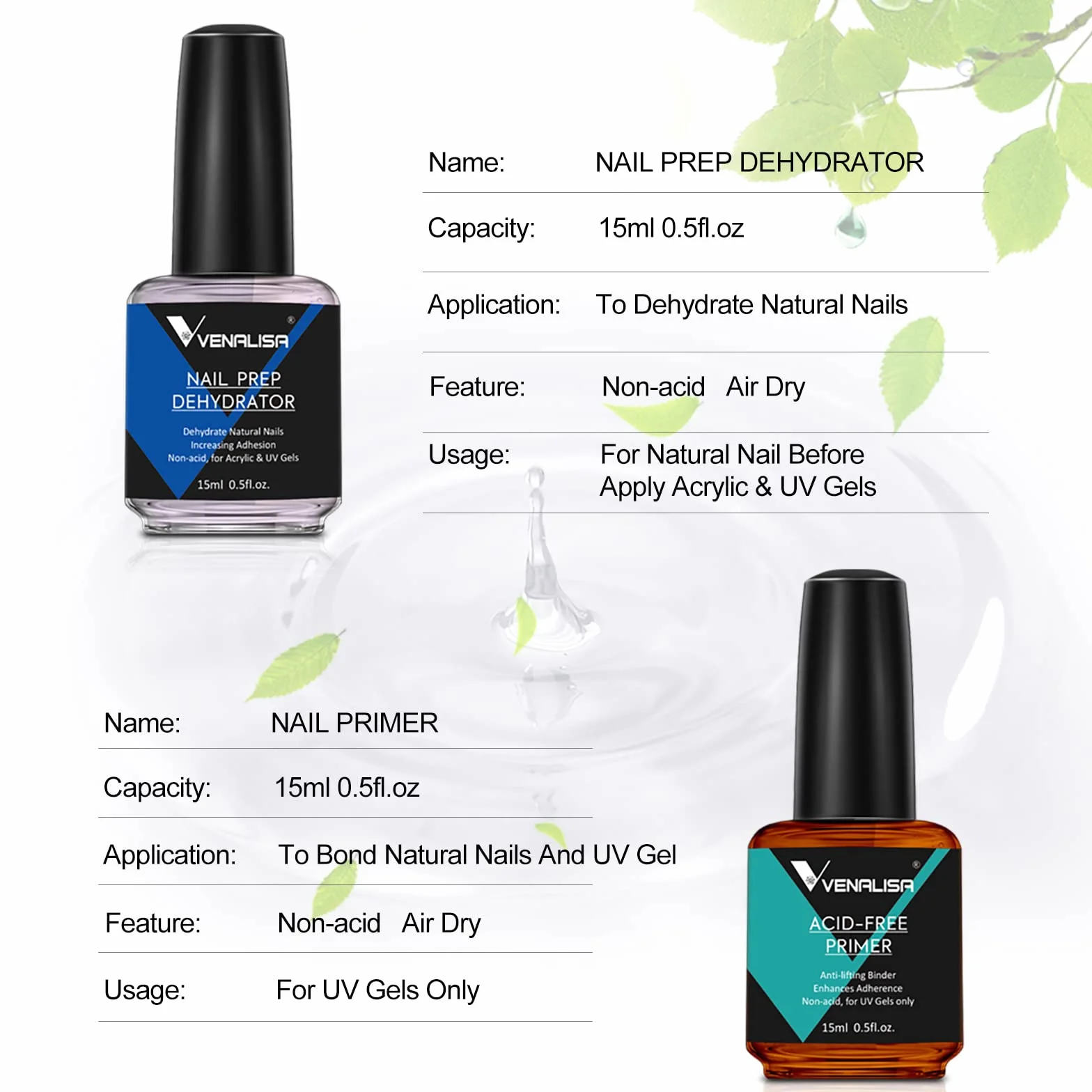 VENALISA 2 PCS 15ml Nail Art Salon Professional Nail Prep Dehydrator Air Dry No Acid Primer Enamel UV Gel Nail Polish Kit for DIY at Home Nail Care Kit
