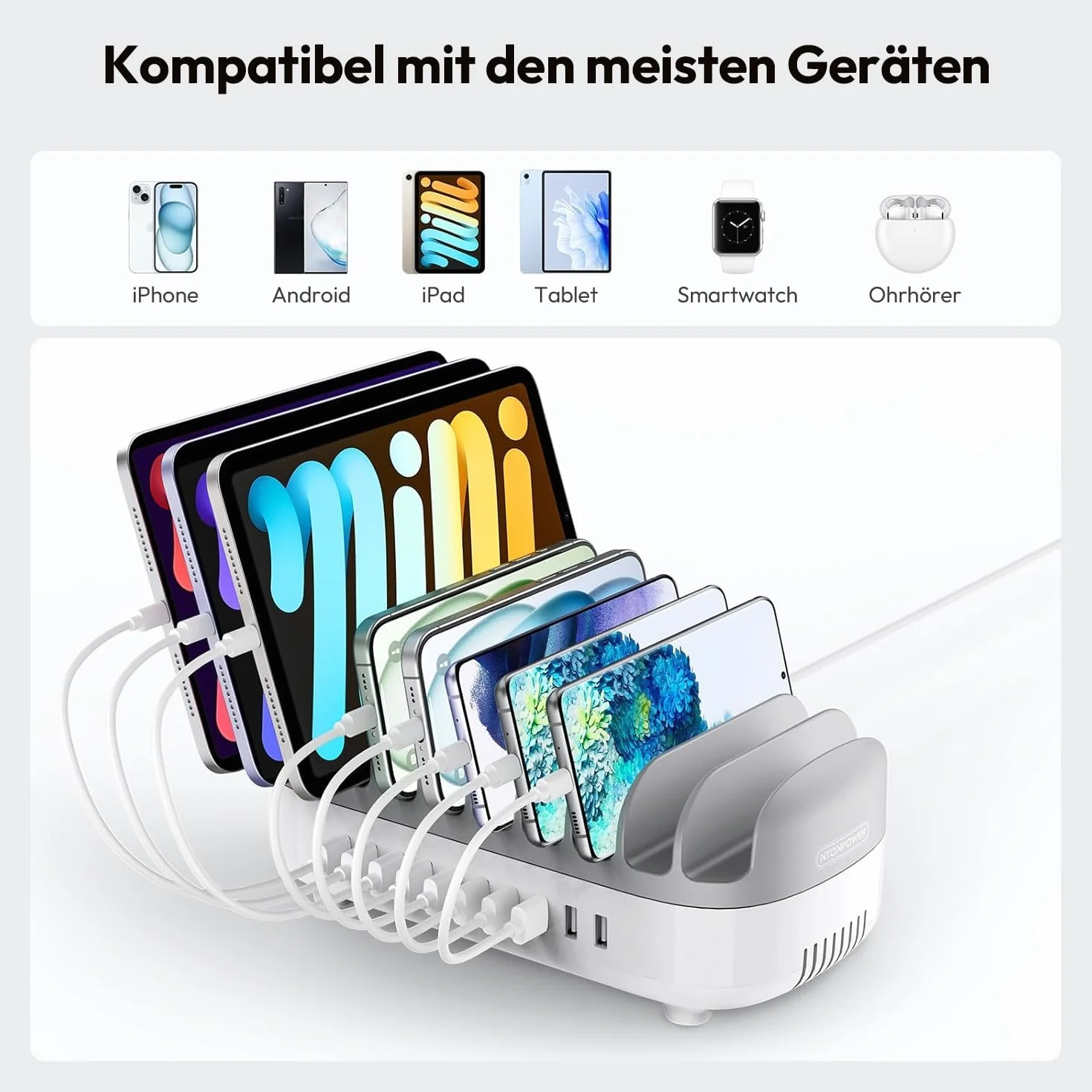 NTONPOWER 10-portowa stacja ładująca do tabletów, 120 W, Multi USB stacja ładująca z automatycznym cichym radiatorem, do telefonów komórkowych, smartfonów, tabletów, szara